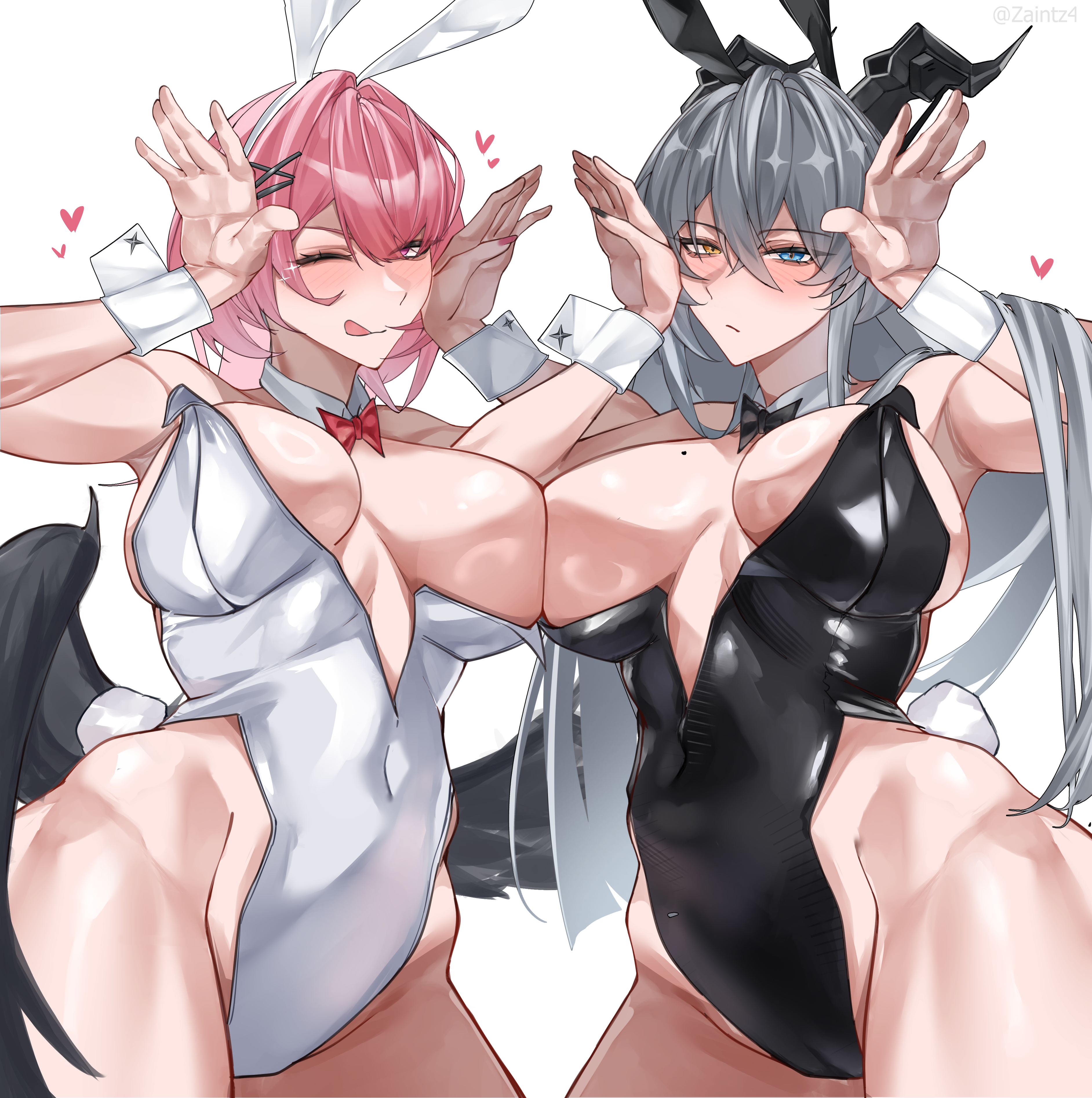 2girls, big breasts, black nails, breasts, bunny ears, bunnysuit, colored nails, female, female focus, female only, large breasts, light skin, light-skinned female, looking at viewer, painted nails, pink nails, remielle (zenless zone zero), remielle dan, sunbringer (zenless zone zero), thick thighs, thighs, wide hips, zaintz4, zenless zone zero
