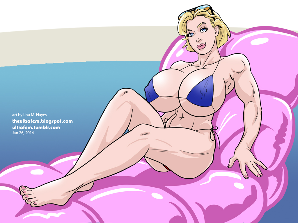 1girls 2014 big_breasts bikini blonde_hair blue_eyes breasts dc erect_nipples female female_only huge_breasts large_breasts lisa_m._hayes muscle muscular_female power_girl short_hair skimpy_clothes solo sunglasses swimsuit ultrafem