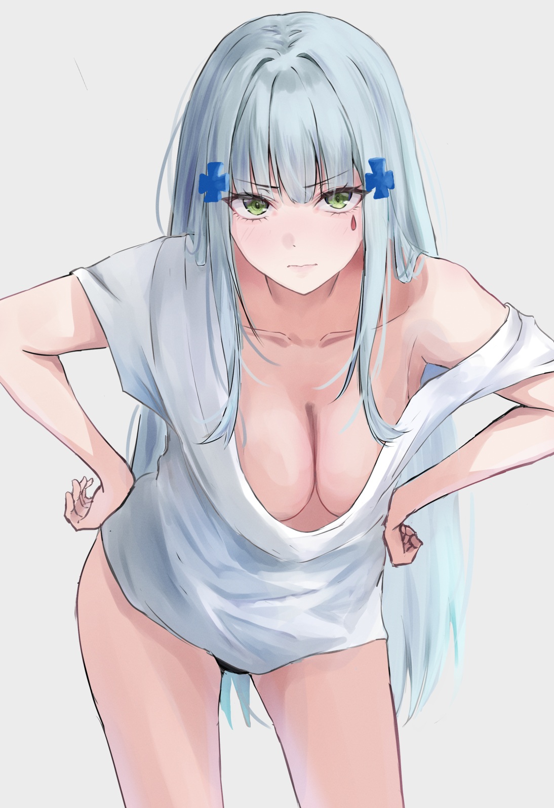 1girl, 1girls, artist request, cleavage, closed mouth, collarbone, dot nose, facial mark, girls' frontline, highres, hk416 (girls' frontline), leaning forward, shirt, simple background, solo, standing, t-shirt, white background