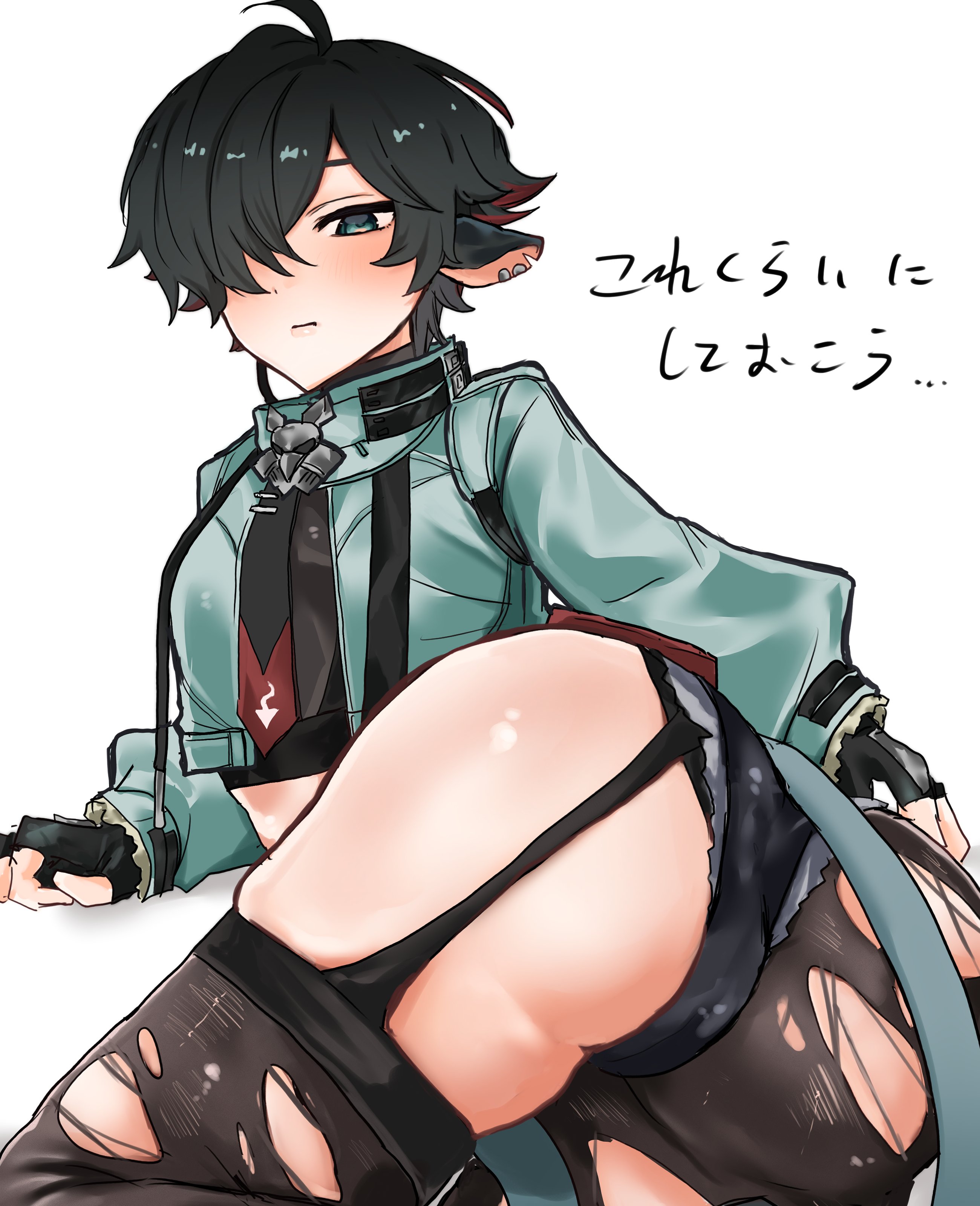 1boy, 2026, 8takoocto, ass, femboy, jane doe (zenless zone zero), john doe (zenless zone zero) (scopeophilia), light skin, light-skinned male, looking at viewer, looking back, male, male only, rule 63, thick thighs, thighs, white background, wide hips, zenless zone zero