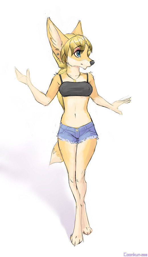 anthro belly blonde_hair blue_eyes canine clothing coonkun ear_piercing female fox fur furry hair jewelry kelseyfox makeup midriff navel necklace nipples petite piercing plain_background ponytail pose shorts solo tied_hair tomboy tube_top waving white_background young