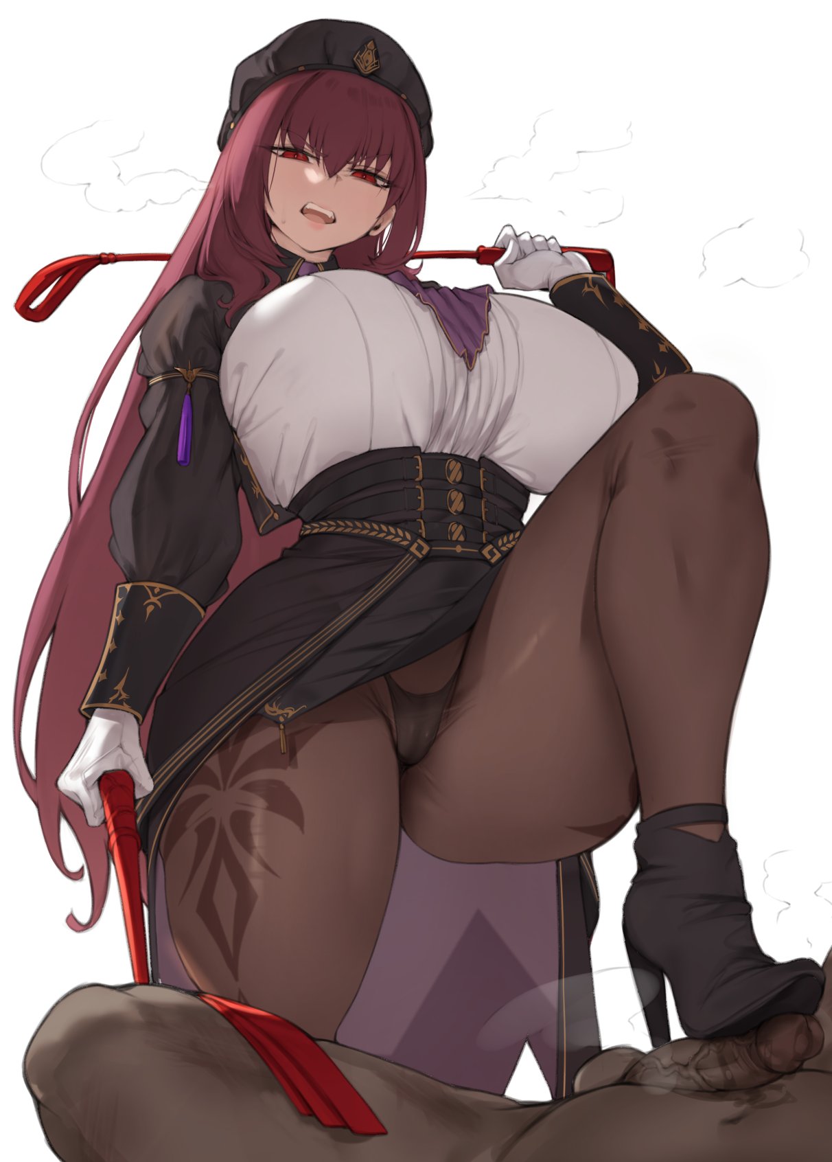 1boy, 1girls, angry, ascot, aster crowley, black jacket, black panties, black pantyhose, blush, breasts, cameltoe, clothed female nude male, cosplay, dark skin, dark-skinned male, fate (series), fate/grand order, femdom, footjob, hat, hi res, huge breasts, looking at viewer, nude, official alternate costume, open mouth, panties, pantyhose, pantyshot, penis, purple hair, red eyes, scathach (fate), simple background, skirt, stepped on, stepping on penis, stomping, sweat, teeth, thick thighs, thighs, tongue, uncensored, underwear, veiny penis, very long hair, whip, white background, white gloves, white shirt