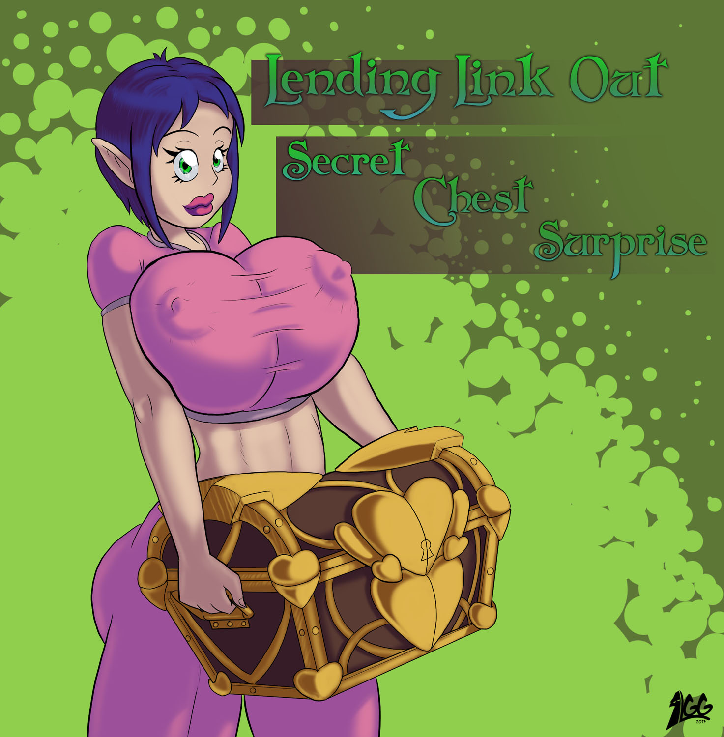 1girls, ass, big breasts, bombchu lady, breasts, busty, cleavage, clothing, elf, female, green eyes, lurkergg, majora's mask, nipples, ocarina of time, seductive, the legend of zelda, treasure chest, voluptuous, wide hips