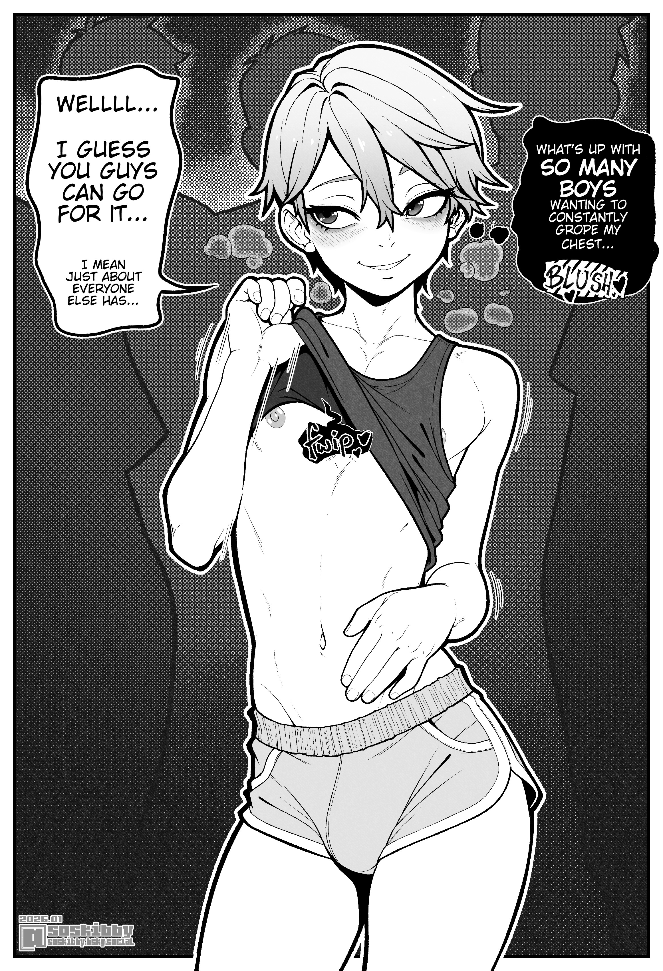 ai generated, aroused, check character, cock hungry, crowd, english, english text, excited, femboy, gay, group, horny, imminent penetration, imminent sex, male, multiple boys, original, original character, public, shirt lift, shirt up, short shorts, shorts, skibby, slut, slutboy, solo focus, sports shorts, surrounded by men, surrounded by penises, tank top, tank top lift, text, text bubble, trap, yaoi