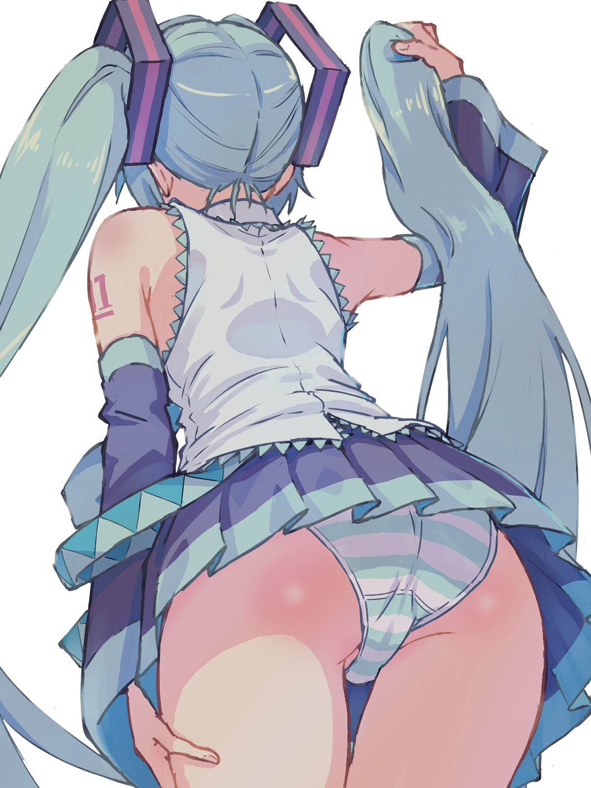 1girl, aqua hair, aqua panties, arm at side, ass, commentary request, cowboy shot, crotch seam, detached hair, detached sleeves, from behind, from below, hand up, hatsune miku, highres, holding own hair, leaning forward, long hair, long sleeves, miniskirt, panties, pleated skirt, purple skirt, purple sleeves, shirt, side ponytail, simple background, skirt, sleeveless, sleeveless shirt, solo, standing, striped clothes, striped panties, thigh gap, underwear, upskirt, very long hair, vocaloid, white background, white shirt