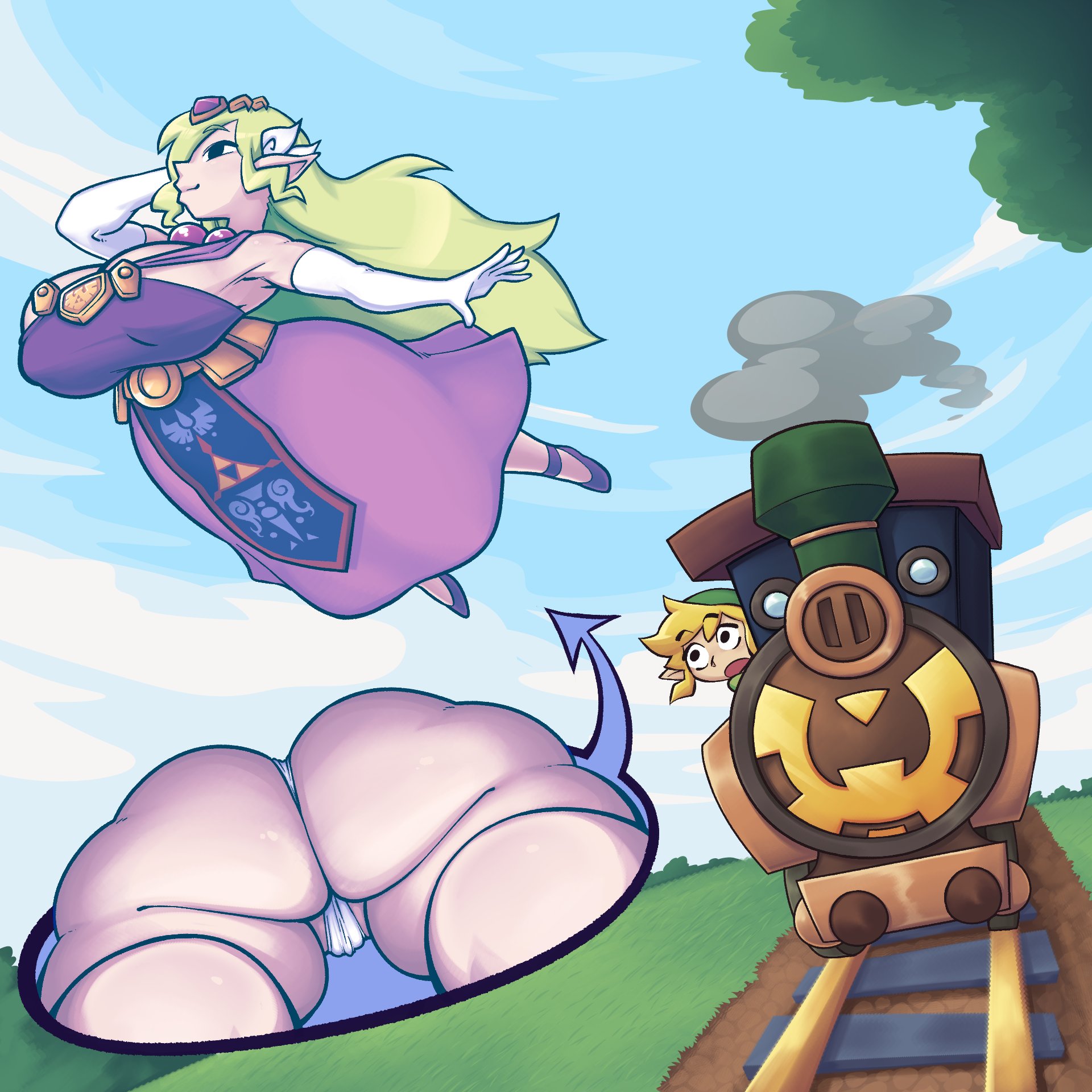 1boy, 1girls, 2d, a-gal, agal1502, ass, blonde hair, breasts, breasts bigger than head, busty, cleavage, clothed, clothed female, clothed male, dress, light skin, light-skinned female, light-skinned male, link, nintendo, panchira, panties, peeking out, princess zelda, spirit tracks, tagme, the legend of zelda, thighs, toon link, toon zelda, train, upskirt, zelda (spirit tracks)