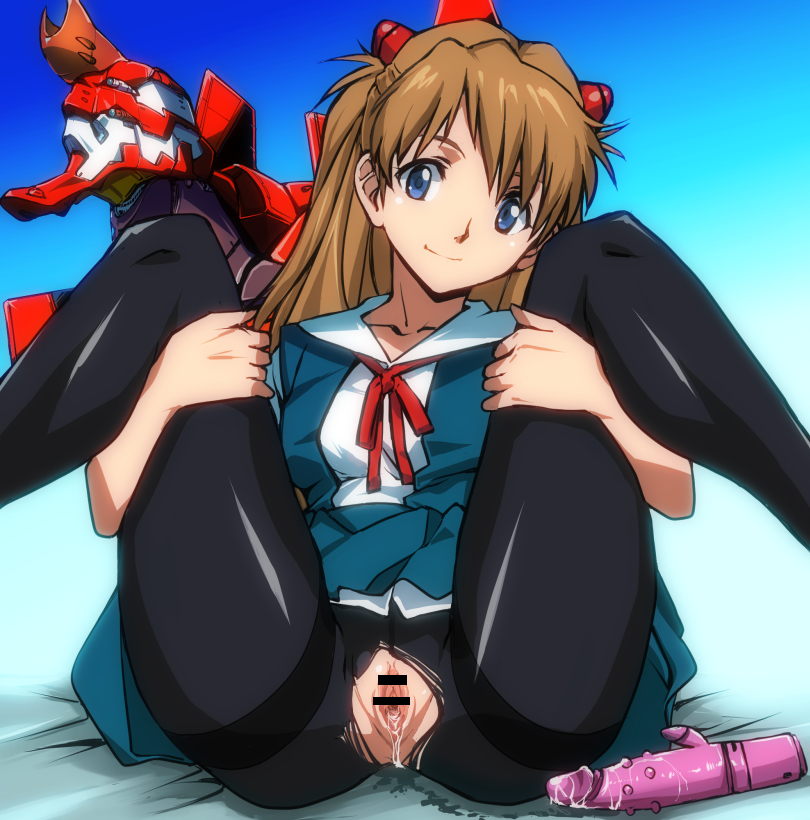 asuka_langley_sohryu bar_censor blue_eyes blush censored clothing dildo female kamisimo_90 long_hair neon_genesis_evangelion orange_hair panties pantyhose pussy school_uniform skirt smile solo spread_legs tied_hair torn_clothes torn_pantyhose twintails underwear