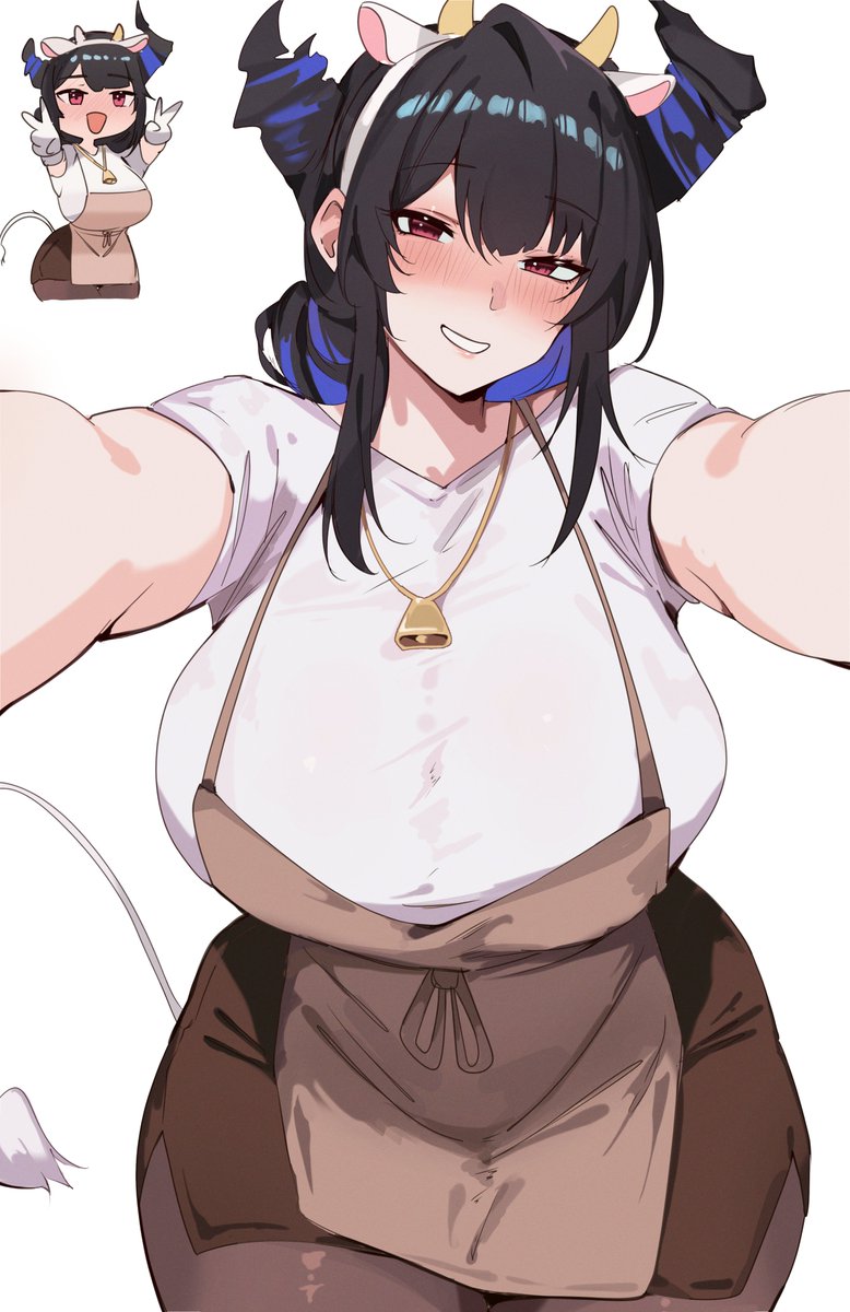 1girls, 2020s, 2026, 2d, 2d (artwork), 2d artwork, apron, bell, big breasts, big hips, big thighs, black hair, black hair female, blush, blush lines, blushing, blushing at viewer, blushing female, breasts, chibi, clothed, clothed female, clothes, cow horns, cow tail, curvy, curvy body, curvy female, curvy figure, curvy hips, curvy thighs, digital drawing (artwork), digital media, digital media (artwork), ears, eyebrows, eyelashes, eyes, eyes open, female, female focus, female only, fingers, girl, glove, gloves, hips, hololive, hololive english, hololive english -advent-, horn, horned humanoid, horns, hourglass figure, hourglass figured female, huge breasts, humanoid, light body, light skin, light skin female, light skinned, light-skinned female, lips, long hair, long hair female, looking at viewer, meeko illus, multicolored hair, necklace, neckwear, nerissa ravencroft, non-human, pantyhose, red eyes, simple background, smile, smiling, smiling at viewer, thick hips, thick thighs, thighs, tight clothes, tight clothing, tight fit, two tone hair, two-tone hair, virtual youtuber, voluptuous, voluptuous body, voluptuous female, vtuber, white background