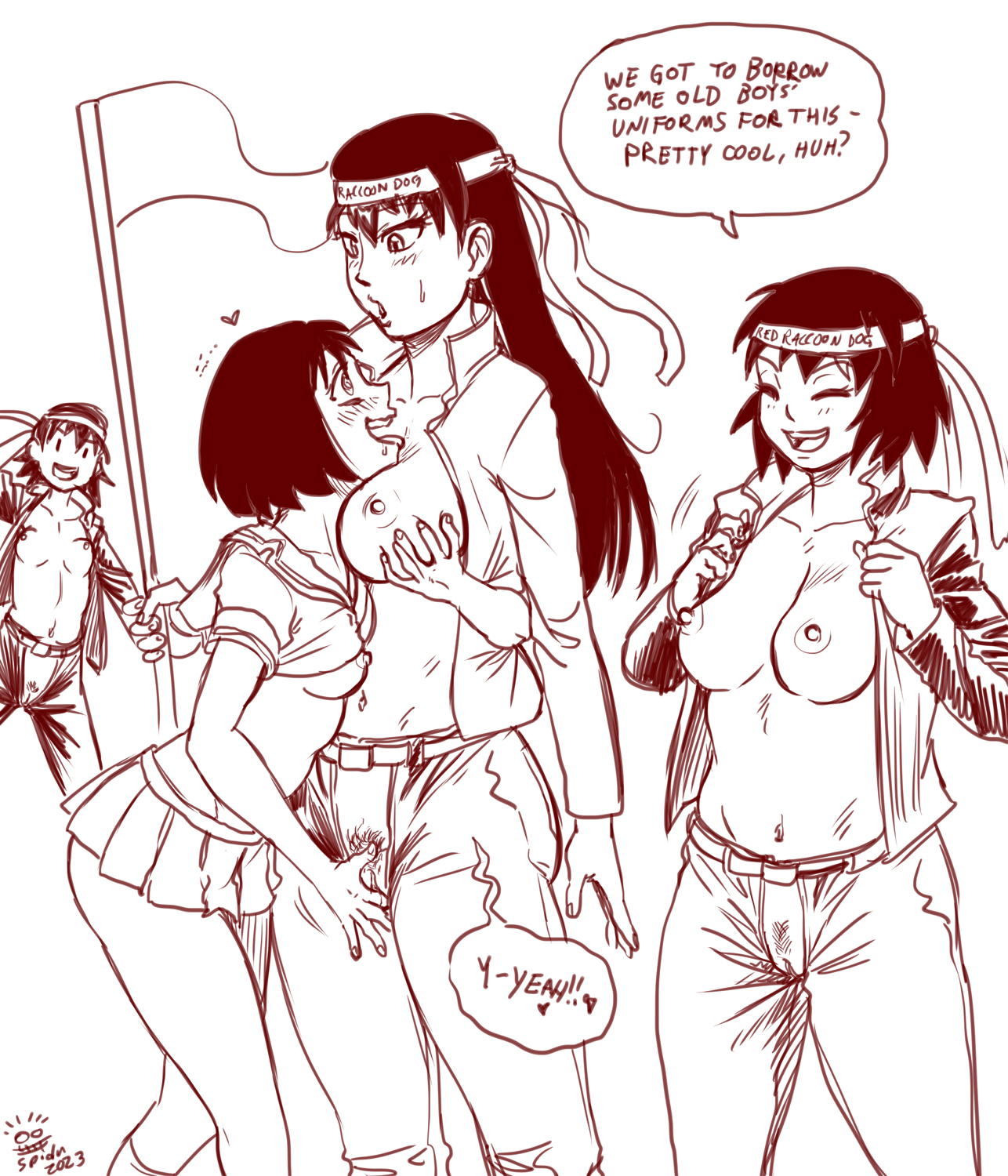 4girls, azumanga daiou, blush, breasts, closed eyes, english text, exposed breasts, exposed nipples, exposed pussy, extreme crop top, female pubic hair, fingering, flag, grabbing another's breast, groping, heart, highres, inactive account, kagura (azumanga daiou), kaorin, large breasts, lineart, long hair, looking at another, microskirt, monochrome, multiple girls, navel, nipples, no bra, no panties, open mouth, open shirt, partially clothed, pubic hair, pussy, sakaki, saliva, short hair, simple background, skirt, small breasts, smile, speech bubble, spidu, tomo takino, yuri