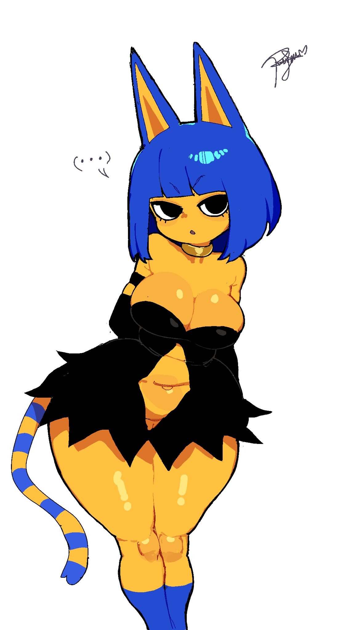 2026, animal crossing, ankha, ankha (animal crossing), anthro, big breasts, black eyes, blue hair, breasts, cosplay, crossover, crossover cosplay, curvy figure, domestic cat, ellipsis, felid, feline, felis, female, hair, hi res, mammal, nintendo, pal (species), palworld, pissgata, pocketpair, sekhmet (pal), solo, tail, thick thighs, voluptuous, wide hips, yellow body