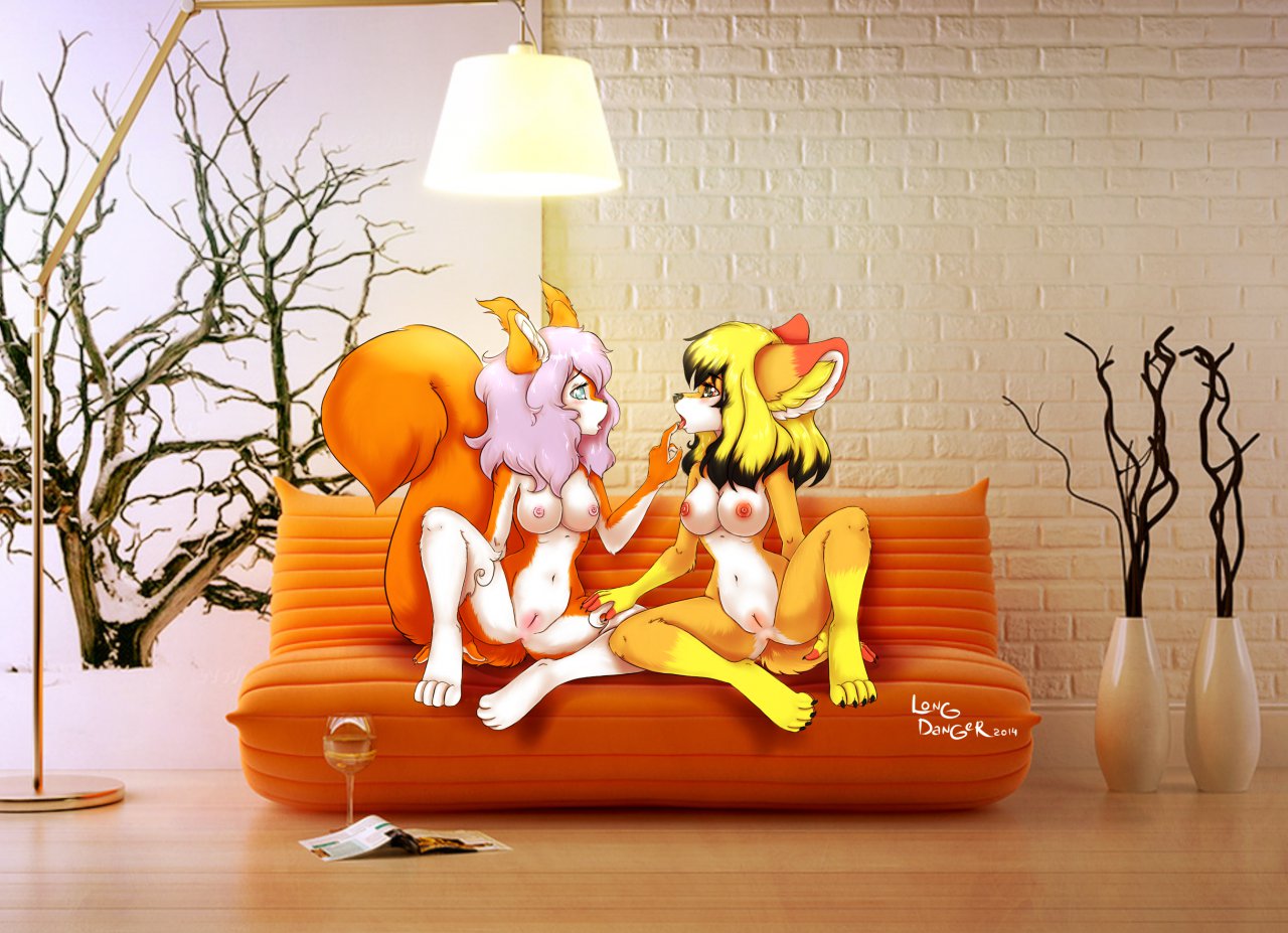 anthro black_hair blonde_hair breasts canine female female/female fox fur furry hair longdanger mammal nipples nude orange_fur pink_hair pussy rodent sofa squirrel white_fur yellow_fur yuri