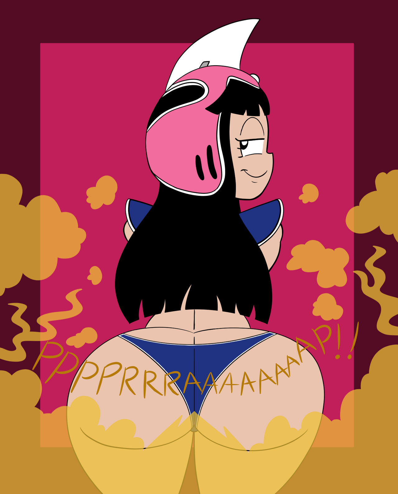 ass, ass bigger than torso, big ass, biggypiggy, black hair, bubble ass, bubble butt, chichi, dragon ball, dragon ball z, fart, fart cloud, fart fetish, farting, farting at viewer, female, helmet, looking at viewer, looking back, pantsless