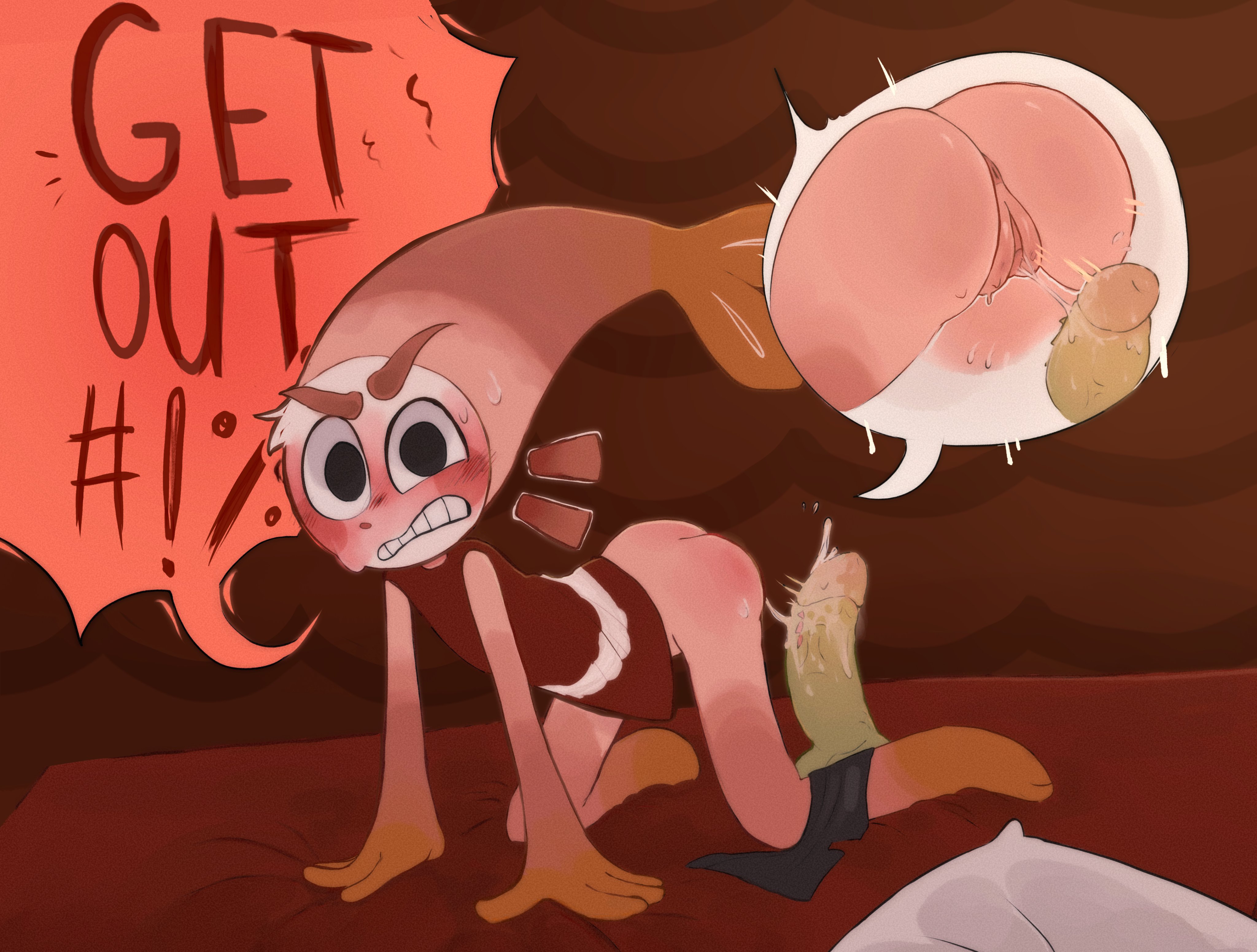 blush, cuntboy, dandy's world, dildo, dildo in pussy, intersex, kislix, on bed, pussy, shrimpo (dandy's world), sweat, wet pussy