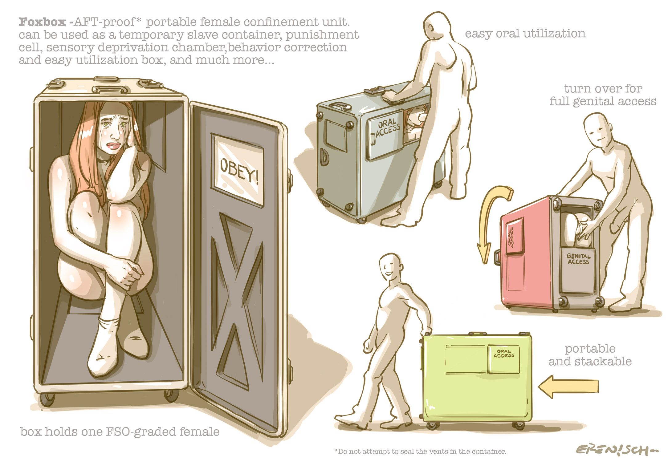 1girls, 3boys, 3girls, blowjob, bondage, bound, box, collar, commodification, container, container bondage, dystopia, english text, erenisch, female, femsub, girl in a box, illustration, in box, in container, item description, legal slavery, processing, rear pussy, rear view, red hair, slave, slave collar, slave storage, slavegirl, text