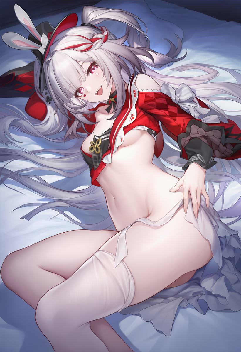 1girls, animal ears, ass, bed, braid, braided hair, braids, breasts out, bunny ears, clothed, clothed female, clothes lift, clothing, dyed hair, dyed-hair, facial mark, facial markings, female, hair, heart, hi res, high resolution, highres, honkai (series), honkai: star rail, hoyoverse, imminent sex, indoor, indoors, long hair, looking at viewer, lying, lying down, lying on bed, lying on side, magenta eyes, mark under both eyes, mark under eye, marking, marking below eyes, markings, multicolored hair, navel, on bed, on side, open clothes, open mouth, open shirt, open smile, pink eyes, purple eyes, red clothes, red clothing, red eyes, red hair, small breasts, solo, solo female, solo focus, sparkle (honkai: star rail), sparxie (honkai: star rail), tease, teasing, teasing viewer, thighs, twintails, underboob, undressing, very long hair, white hair