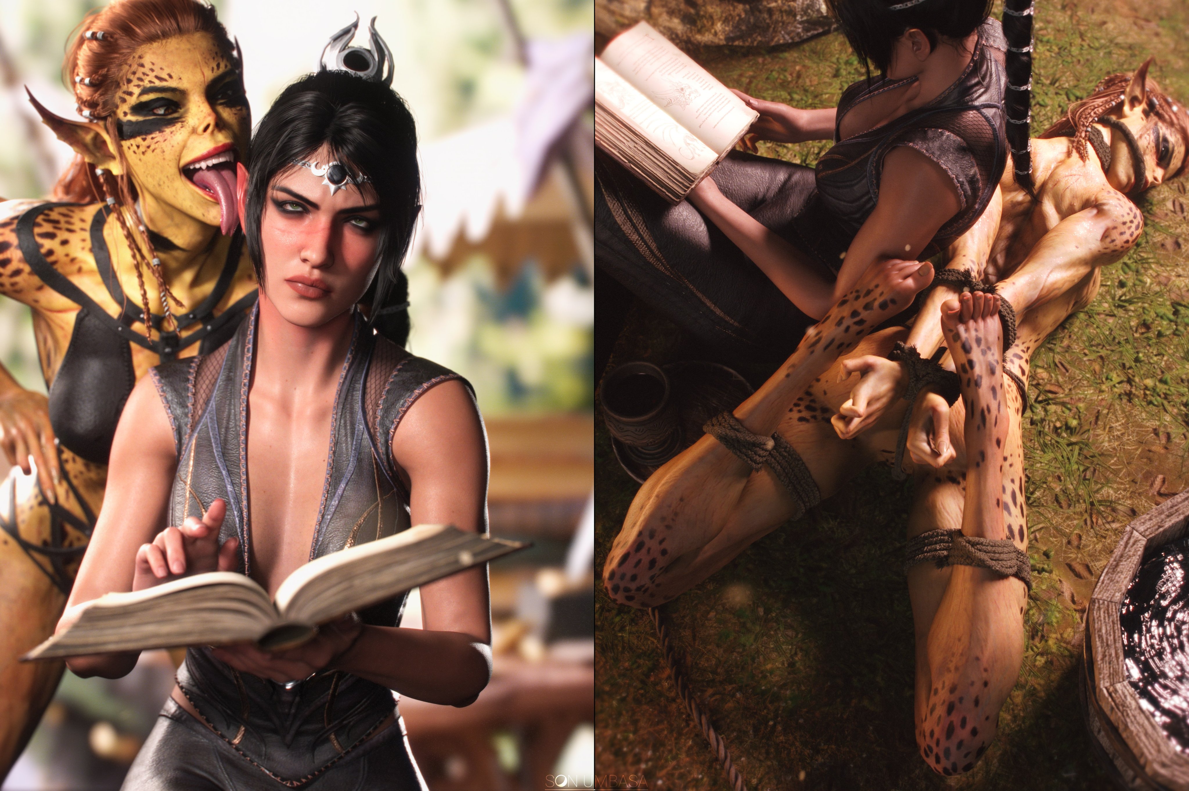 2 panel comic, 2girls, 2koma, 3d, baldur's gate 3, barefoot, before and after, black hair, bondage, book, bound arms, bound legs, clothed female, comic, defeated, dominant female, feet, female, female focus, female only, femdom, femsub, githyanki, green skin, hogtie, instant loss 2koma, lae'zel, licking ear, medium breasts, monster girl, outside, reading, shadowheart, skinny, son umbasa, tagme, toed, unamused, yuri