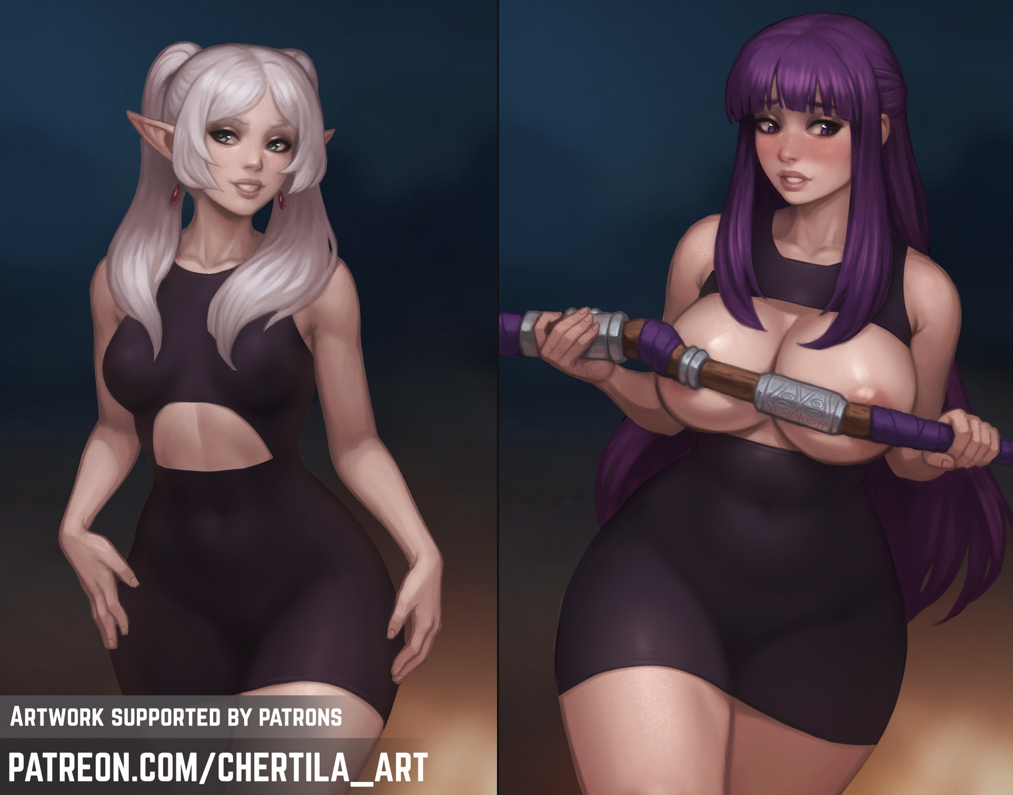 2girls, alternate version at source, alternate version available, ass, big areola, big breasts, big nipples, breast size difference, breasts, breasts bigger than head, busty, busty female, chertila, chubby, chubby female, covered nipples, dress, female, female only, fern (sousou no frieren), frieren, huge ass, huge breasts, huge butt, huge thighs, large breasts, meme, meme attire, meme clothing, meme reference, multiple females, multiple girls, open clothes, open dress, open shirt, perky breasts, perky nipples, pinup, pinup pose, short dress, slutty dress, sousou no frieren, thick legs, thick thighs, thunder thighs, thunderthighs