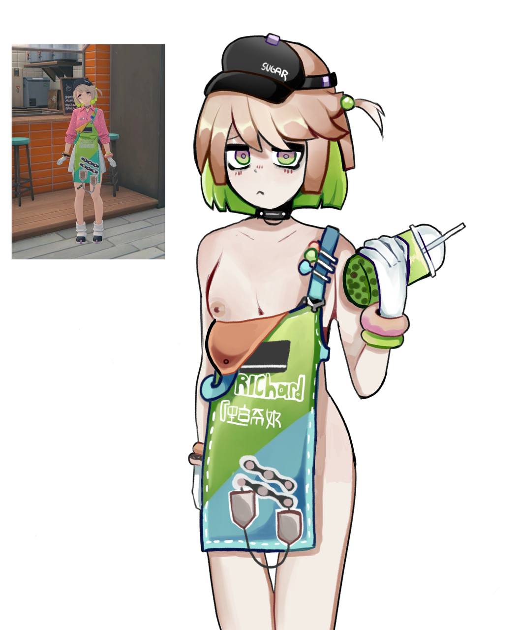 1girls, bubble tea, coco (zenless zone zero), female, female focus, female only, highres, light brown hair, light skin, light-skinned female, mellok, naked, nipples, npc (zenless zone zero), nude, nude female, one breast out, reference image, self upload, simple background, visor cap, zenless zone zero