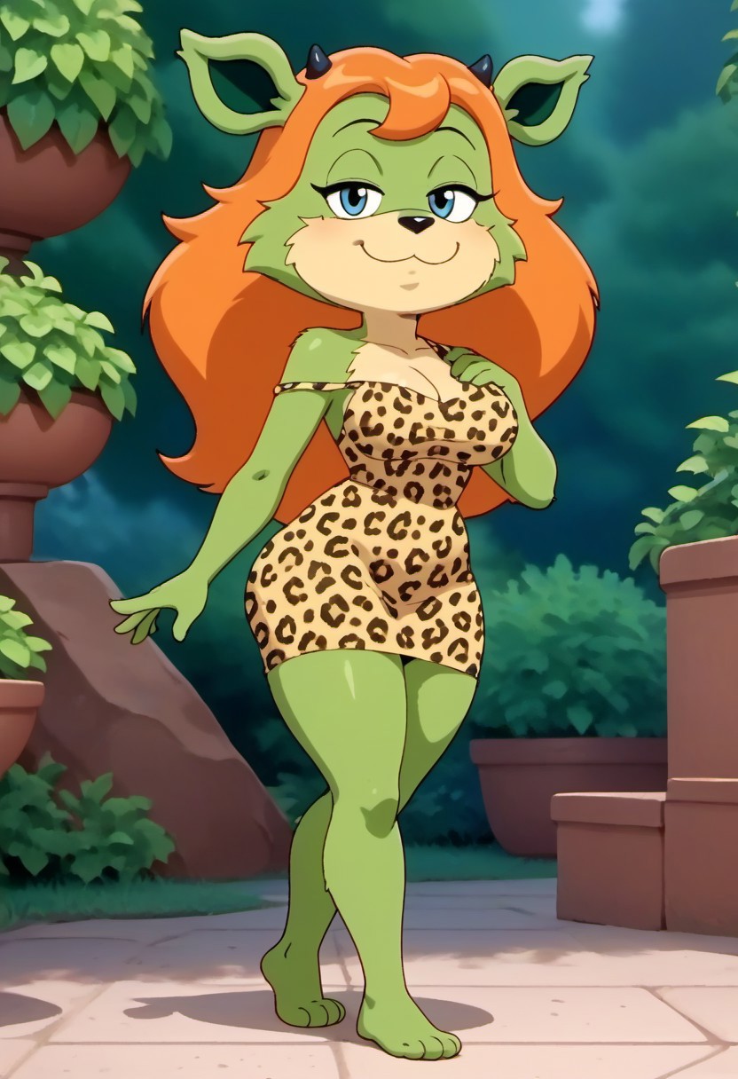 ai_generated amberley blue_eyes female furry_female furry_only green_fur horns orange_hair tagme the_dreamstone