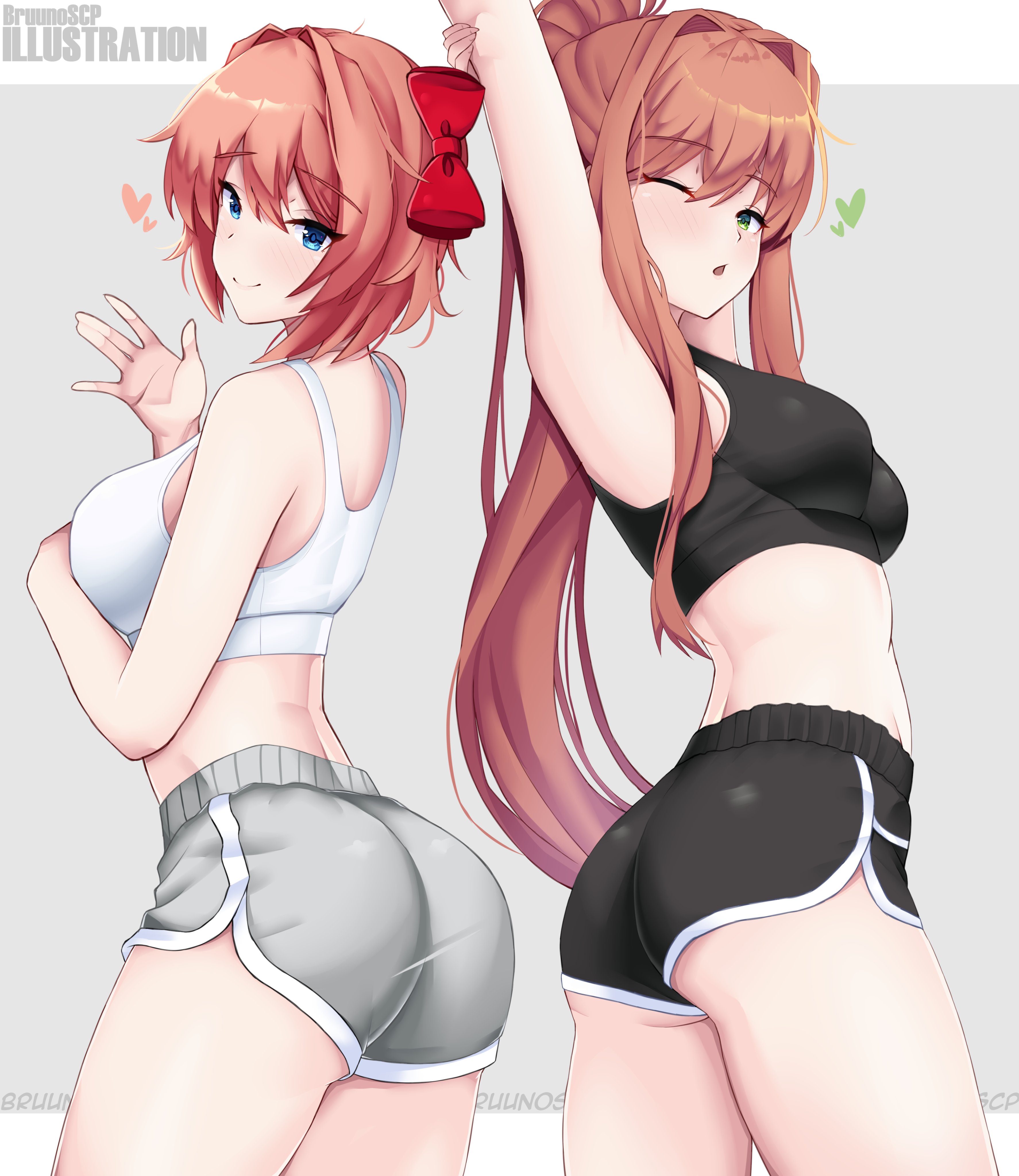 2girls, ass, bruunoscp, doki doki literature club, female, gym clothes, monika (doki doki literature club), sayori (doki doki literature club), shorts, tagme, tank top
