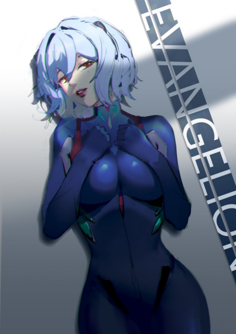 against wall, ayanami rei, bangs, black plugsuit, blue hair, bodysuit, breasts, cowboy shot, evangelion: 3.0 you can (not) redo, female, hair between eyes, half-closed eyes, hands on own breasts, hands on own chest, interface headset, large breasts, lips, looking at viewer, neon genesis evangelion, no underwear, plugsuit, rebuild of evangelion, rei ayanami, short hair, skin tight, solo, standing