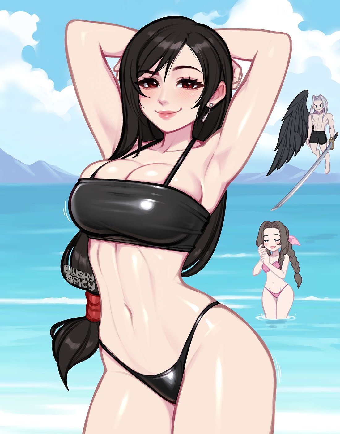1 wing, 1boy, 2girls, aerith gainsborough, bikini, black hair, blushypixy, blushyspicy, breasts, brown hair, cleavage, female, final fantasy, final fantasy vii, huge breasts, long hair, male, sephiroth, silver hair, standing in water, swimsuit, tifa lockhart