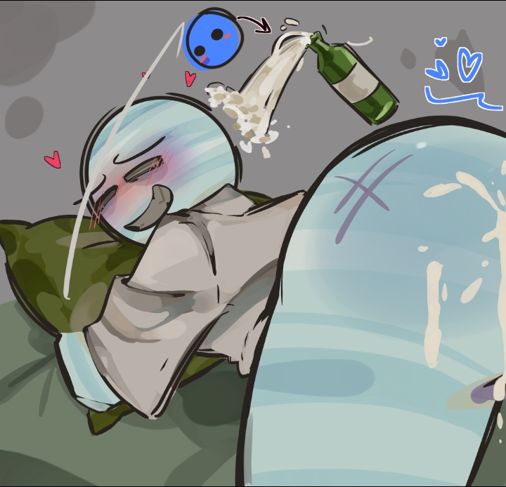 ass, balls, blush, color, colored, cum, cum in ass, cum inside, cum inside ass, drunk, gay, gay anal, gay male, gay sex, hanaku 1allover, hearts around head, liquor, male, male focus, male only, male/male, neptune (solarballs), off screen character, penetration, pillow, sex, simple background, smirk, solarballs, uranus (solarballs), wine, yaoi