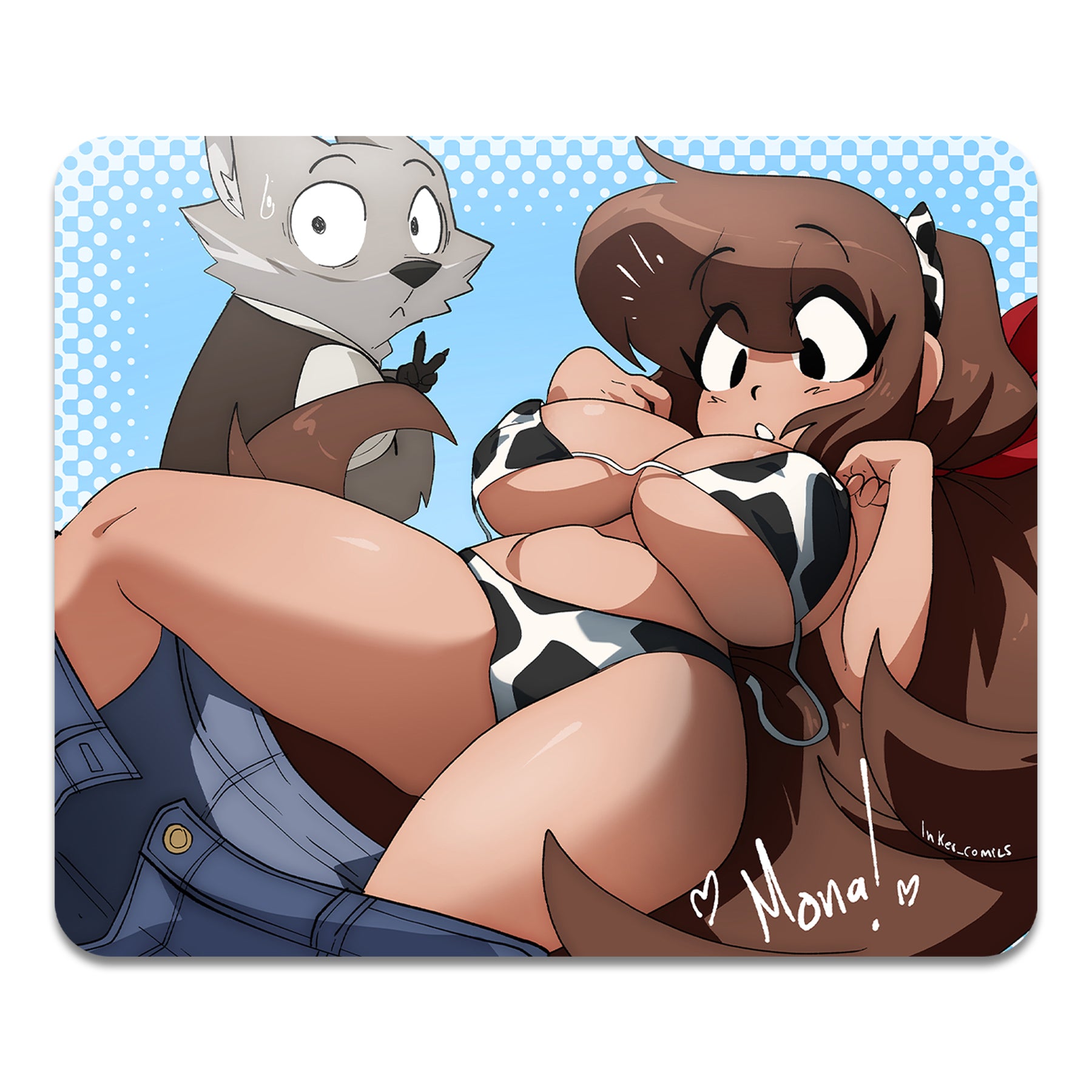 anthro, bikini, breasts, brown hair, canid, canine, canis, carlos (inker comics), coolerinker, cow girl, cow print, cow print bikini, female, inkershike, jeans, large breasts, long hair, male, mona (inker comics), ponytail, wolf