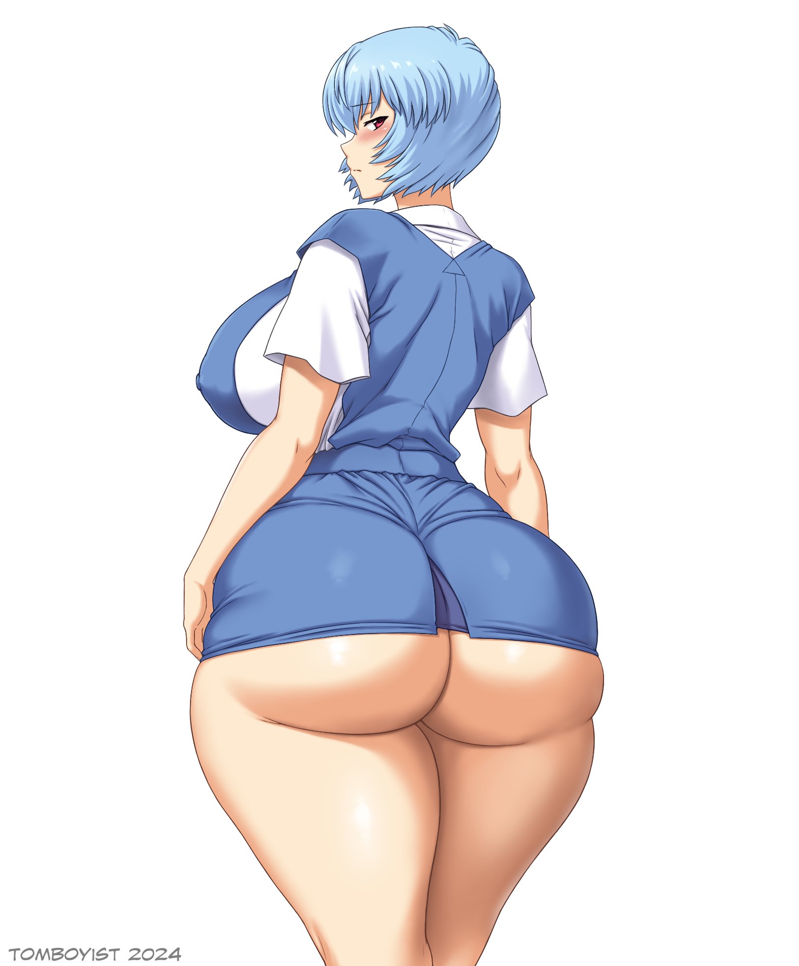 1girls, 2024, artist name, ass, ass focus, back view, big ass, big breasts, blue hair, blush, breasts, female, female only, huge breasts, large ass, large breasts, looking at viewer, looking back, neon genesis evangelion, nipple bulge, nipples, nipples visible through clothing, red eyes, rei ayanami, revealing clothes, short hair, smooth skin, solo, solo female, thick thighs, thunder thighs, tomboyist