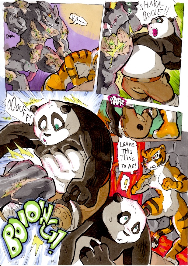 anthro belly bent_over better_late_than_never big_breasts breasts chapter_7 clothed clothing comic daigaijin english_text feline female fight fur furry grimace kung_fu_panda male mammal master_po_ping master_tigress nude page_175 panda penis pussy rat rodent shaka_booie shout skid strike swipe text tiger winded