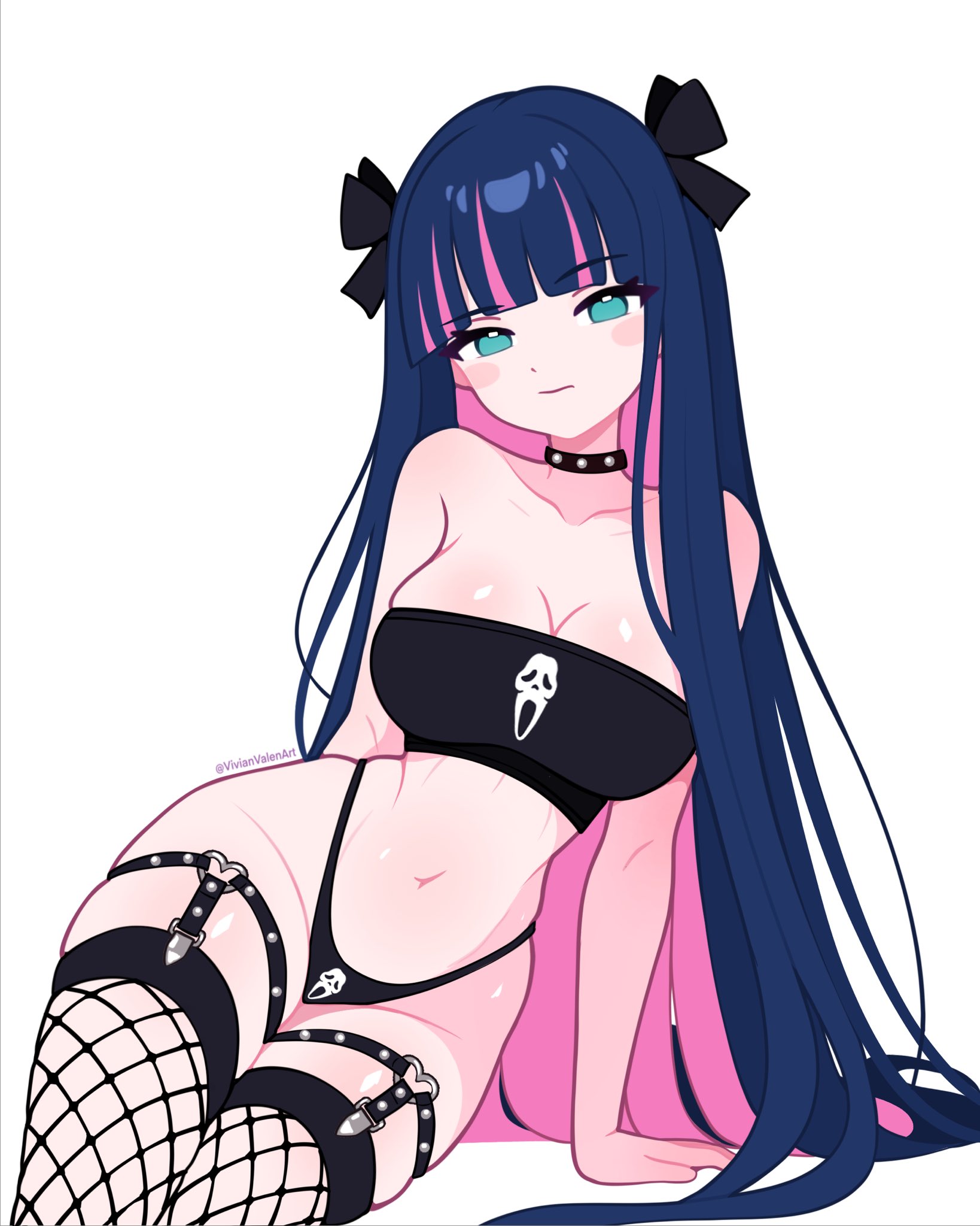 1girls, aqua eyes, artist name, black hair, choker, cleavage, female, fishnet thighhighs, goth girl, hair highlights, long hair, panty & stocking with garterbelt, scream mask, stocking anarchy, thigh harness, vivianvalenart