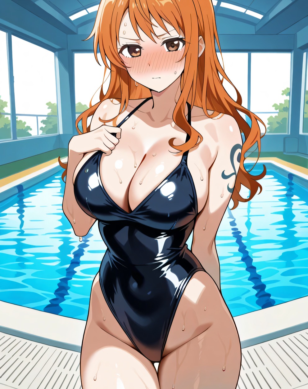 2025 ai_generated anime blue_swimsuit closed_mouth clothing crunchyroll female female_only instagram manga meta mouth_closed nami_(one_piece) one_piece orange_cheeks orange_eyebrows orange_eyes_female orange_hair_female pool_background school_swimsuit unknown_artist wet_body wet_skin wet_swimsuit