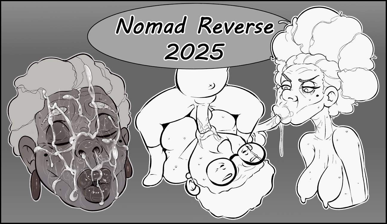 :>=, blowjob, cum, cum on face, dark skin, dark-skinned female, facial, fellatio, female, gilf, granny, male, nomad reverse, old, older female, original, penis, sketch, small penis, ugly, ugly female