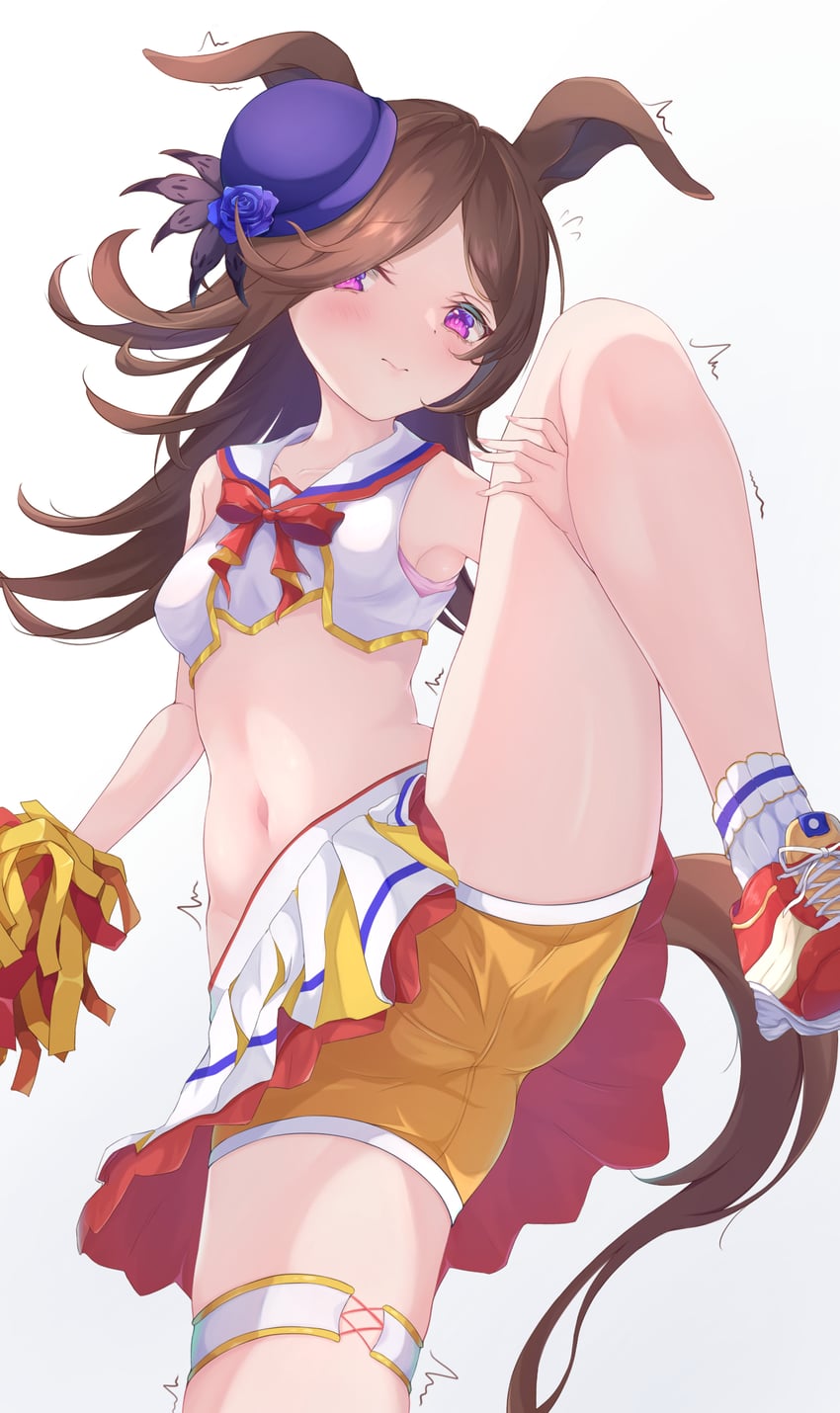 breasts, brown hair, cameltoe, cheerleader, female, miniskirt, petite, purple eyes, pussy, rice shower (umamusume), small breasts, umamusume