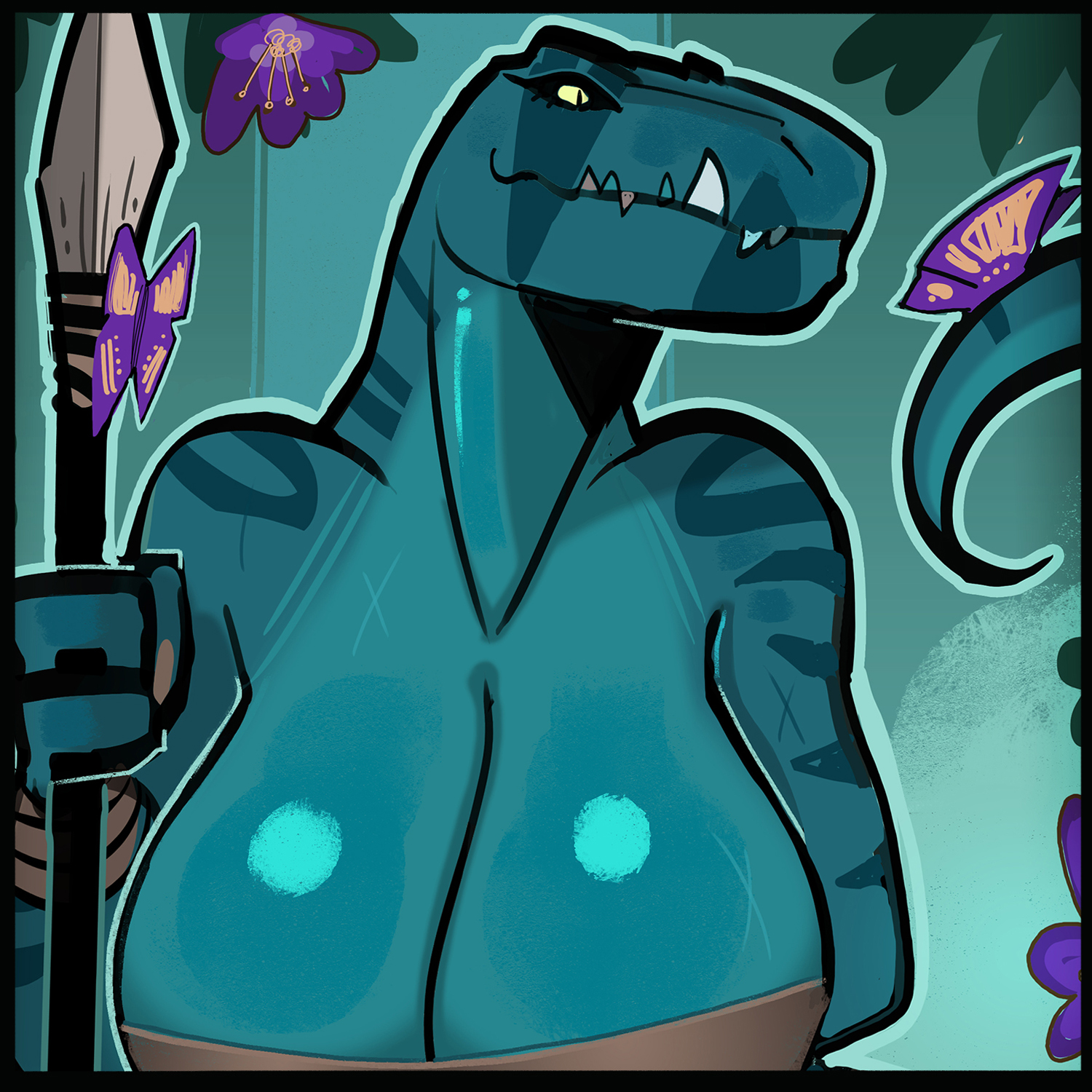 1:1, 2026, anthro, arthropod, big breasts, black border, black sclera, blue body, blue scales, border, bra, breasts, brown clothing, brown crop top, brown shirt, brown topwear, butterfly, claws, clothing, crop top, dinosaur, fang (primal), fangs, female, fingers, flower, hi res, huge breasts, insect, leather, leather clothing, lepidopteran, markings, melee weapon, mister feelgood, plant, polearm, prehistoric species, primal (series), pupils, purple flower, reptile, saurischian, scales, scalie, scar, sharp teeth, shirt, slit pupils, smile, solo, spear, stripes, tail, teeth, theropod, topwear, tyrannosaurid, tyrannosauroid, tyrannosaurus, tyrannosaurus rex, underwear, weapon, wristband, yellow eyes