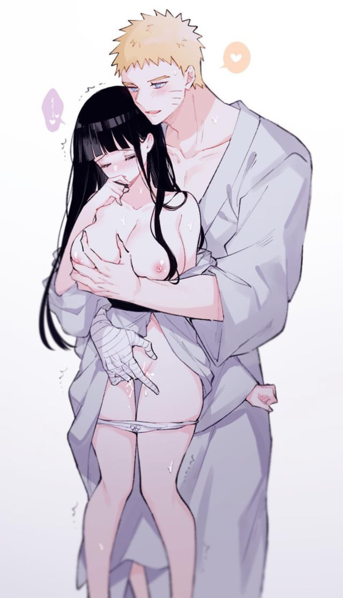 1boy, 1girls, artist request, before sex, blush, breasts, canon couple, closed eyes, couple, covered mouth, covering, cute, female, fingering, grabbing, grabbing breasts, hand on mouth, hyuuga hinata, kimono, male, naruto, naruto (series), naruto: the last, panties aside, panties down, preparation, pussy, shaking, shy, smirk, uzumaki naruto, wet, wet pussy