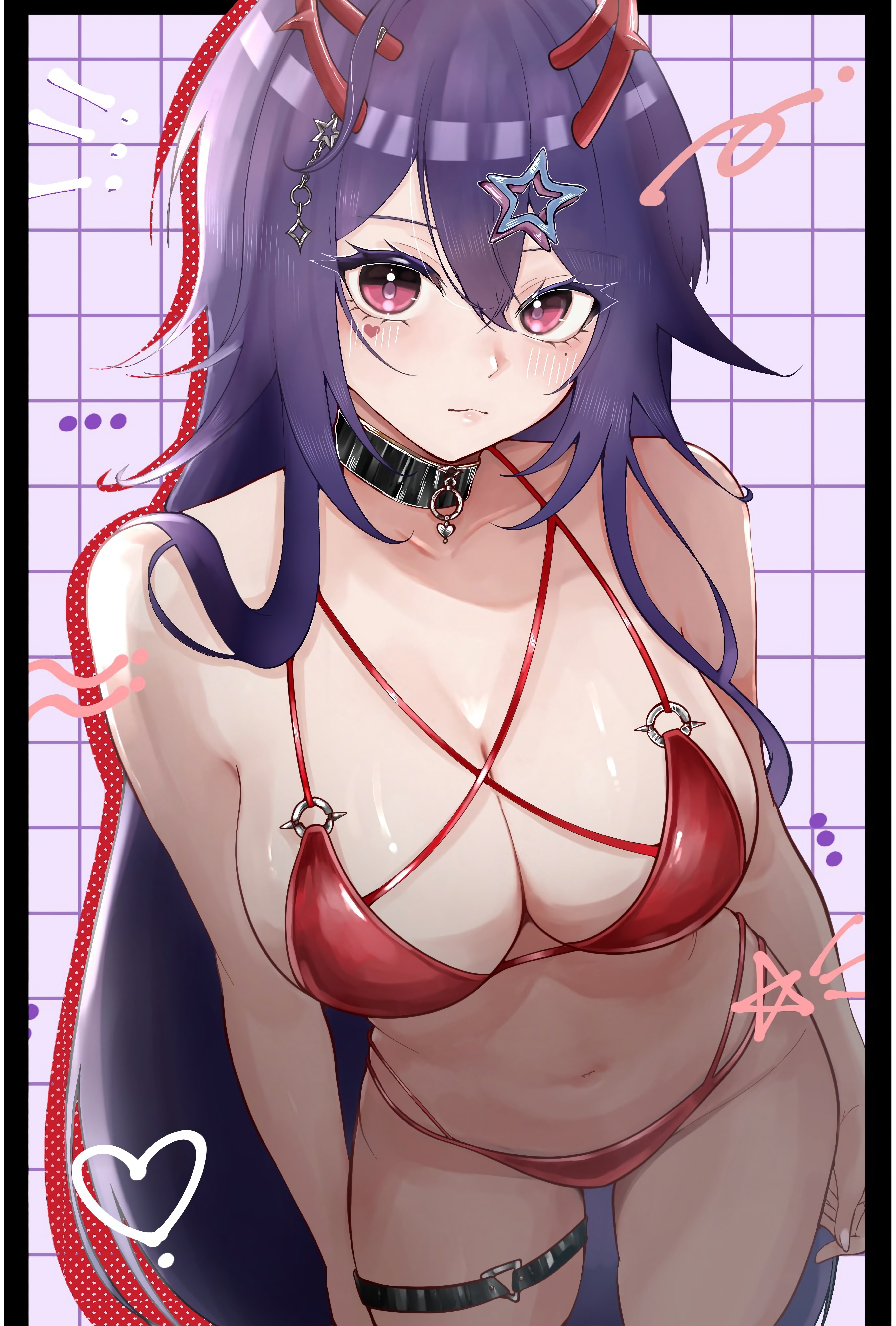 akuma nihmune, big breasts, bikini, black choker, blush, blush lines, blushing at viewer, blushing female, breasts, broken demon horn, broken horn, choker, demon, demon girl, demon horns, female, female focus, female only, fingers, ginpe souda, hands, hands on thighs, horns, indie virtual youtuber, long hair, nails, need this myself, pink eyes, purple hair, purple long hair, red bikini, red bra, red panties, red swimsuit, red swimwear, reflection, reflective body, reflective skin, rgrk, sexy body, shoulder length hair, shoulders, slim body, streamer, swimsuit, swimwear, thick breasts, thick thighs, thigh strap, thighs, twitch, twitch.tv, upscaled, virtual youtuber, vtuber, vtuberfanart, waifu2x, white blush, white nails, woman only