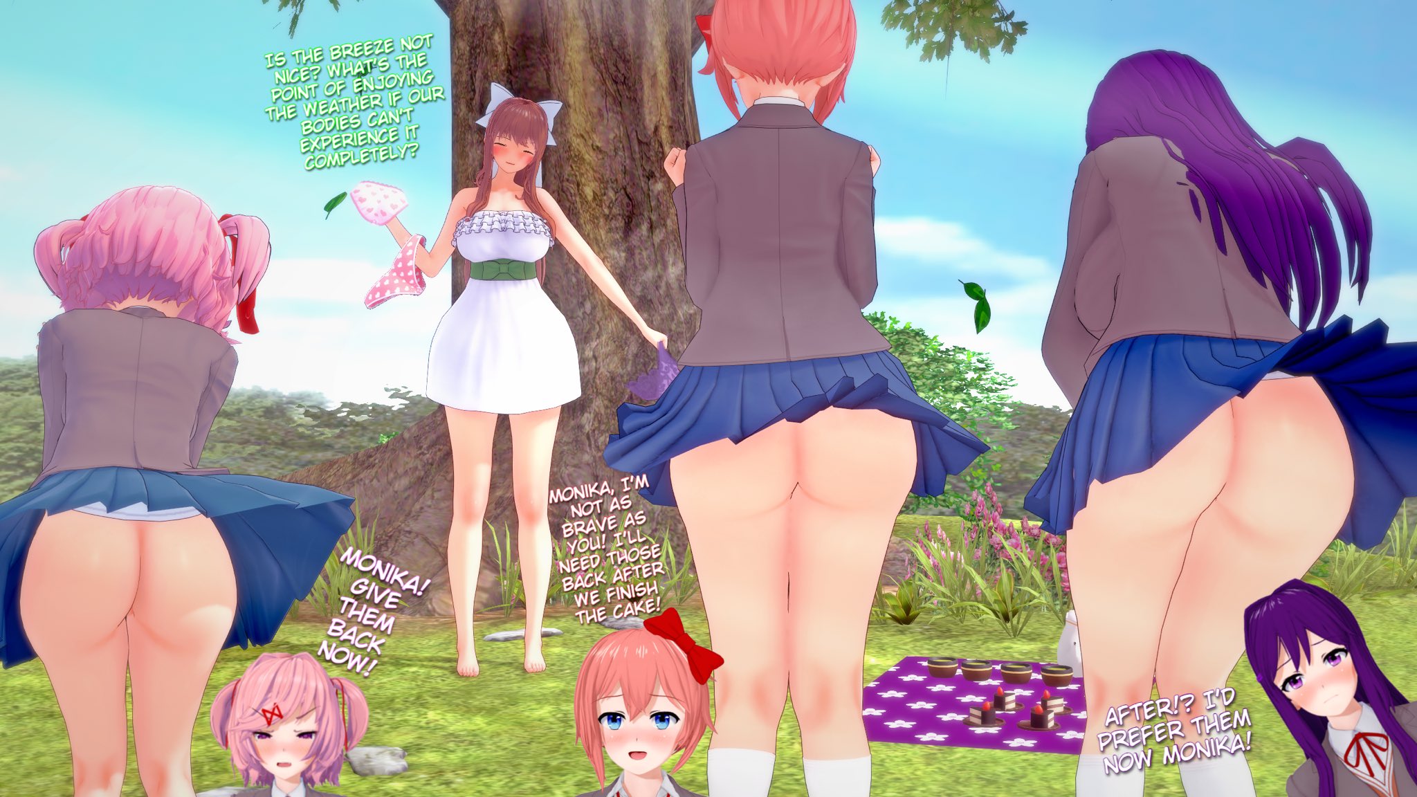 3d, 4girls, angry, angry expression, angry face, ass, ass focus, blush, bottomless, bottomless female, crowd, crowd watching, doki doki literature club, embarrassed, embarrassed naked female, embarrassed nude female, enf, exposed, exposed ass, female, female only, koisuki, lost clothes, making fun of, mocking, monika (doki doki literature club), multiple females, multiple girls, naked, natsuki (doki doki literature club), no panties, nude, outdoors, outdoors nudity, outside, outside nudity, picnic, public, public nudity, sayori (doki doki literature club), school uniform, skirt, skirt lift, stolen clothes, sundress, tricked, upskirt, wind, wind lift, windy, windy skirt, yuri (doki doki literature club)