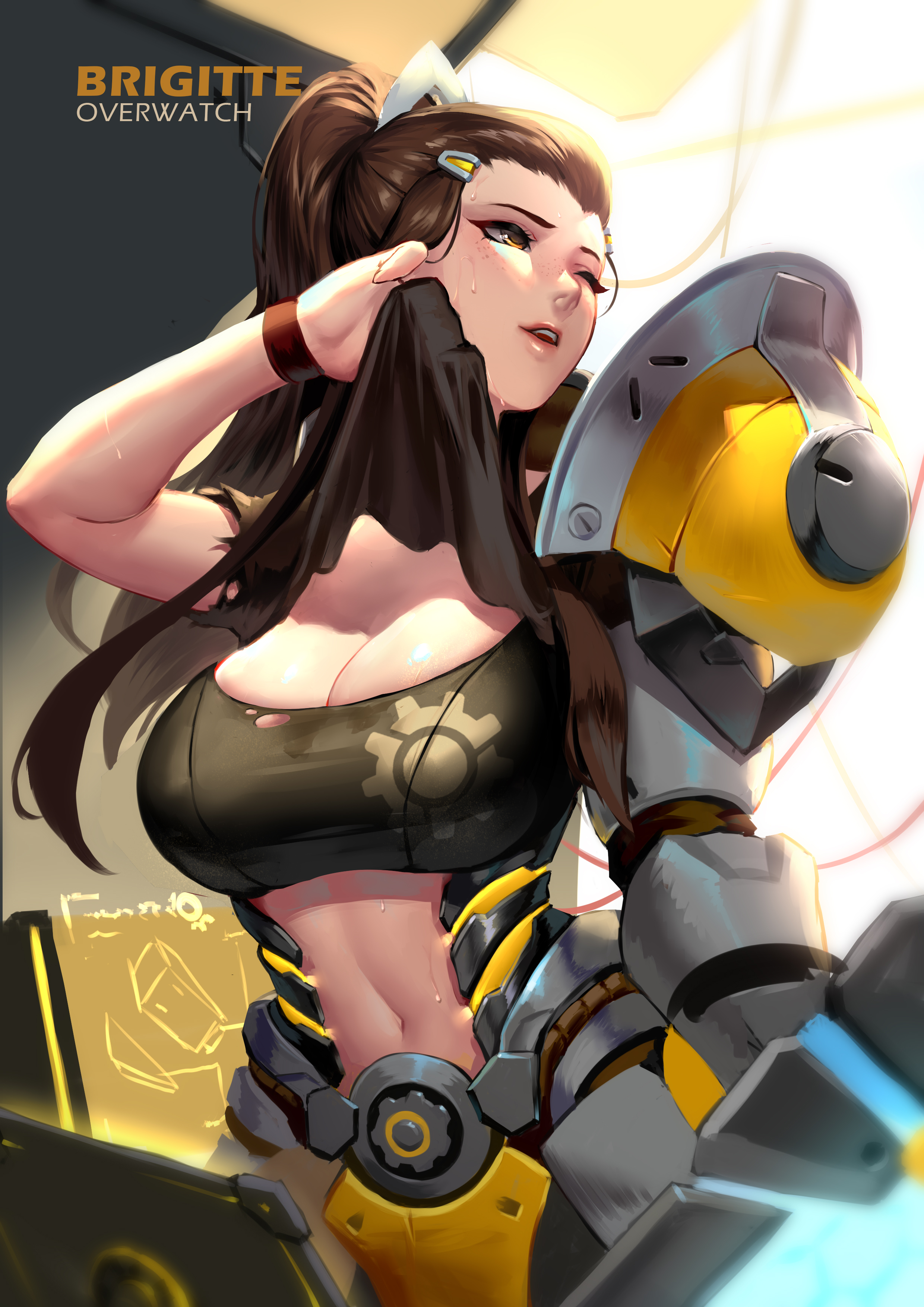 2d, absurdres, big breasts, breasts, brigitte, brigitte lindholm, cianyo, cleavage, female, female only, highres, large breasts, looking at viewer, overwatch, shirt lift, solo, sweat