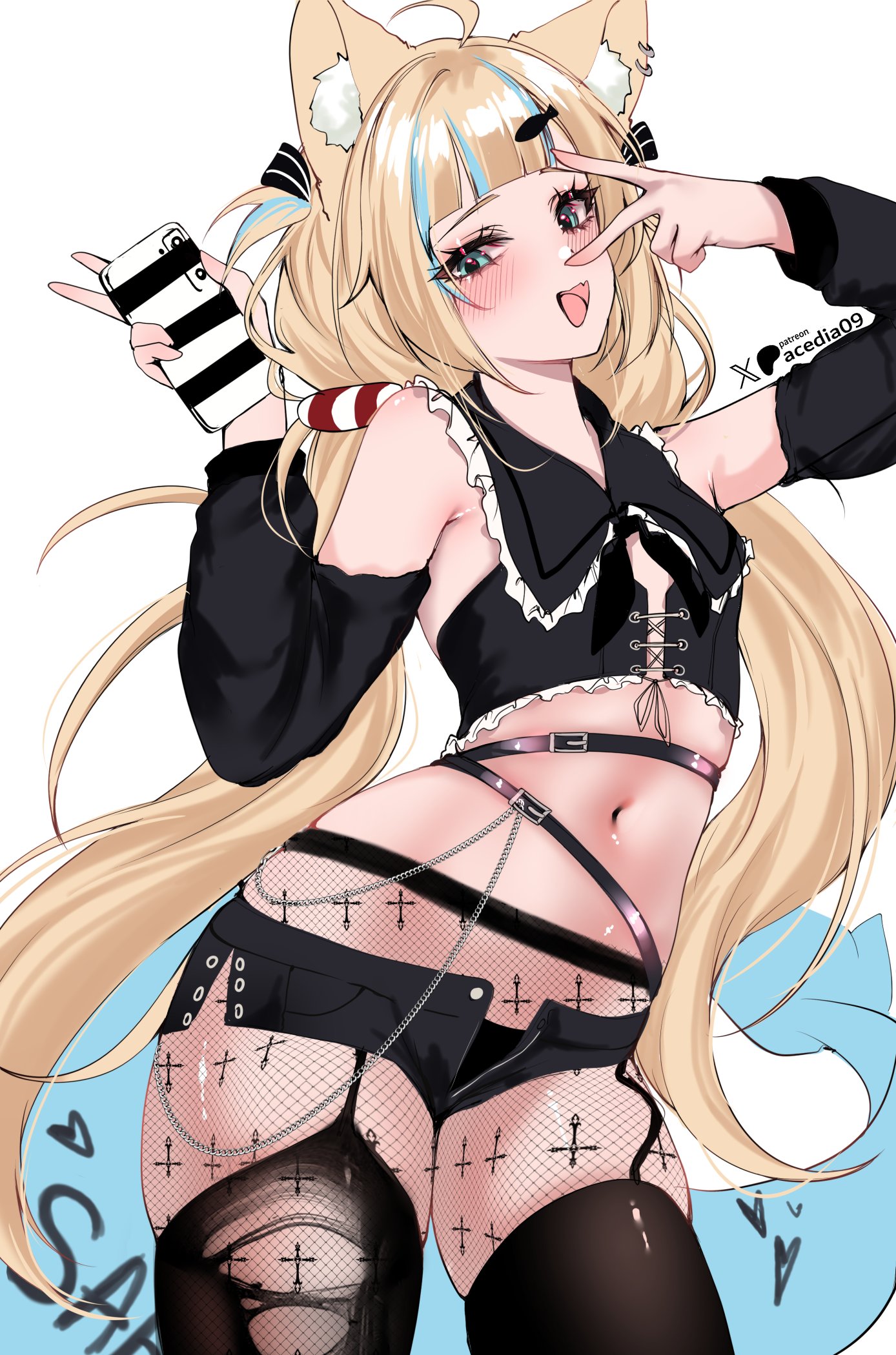 1girls, acedia, animal ears, belly button, blonde, blonde female, blonde hair, blonde-haired female, blue eyes, blue-eyed female, blushing, blushing at viewer, blushing female, breasts, cat ears, female, fish girl, fish tail, fishnets, goth, kemono, kemonomimi, sameko saba, small breasts, virtual youtuber