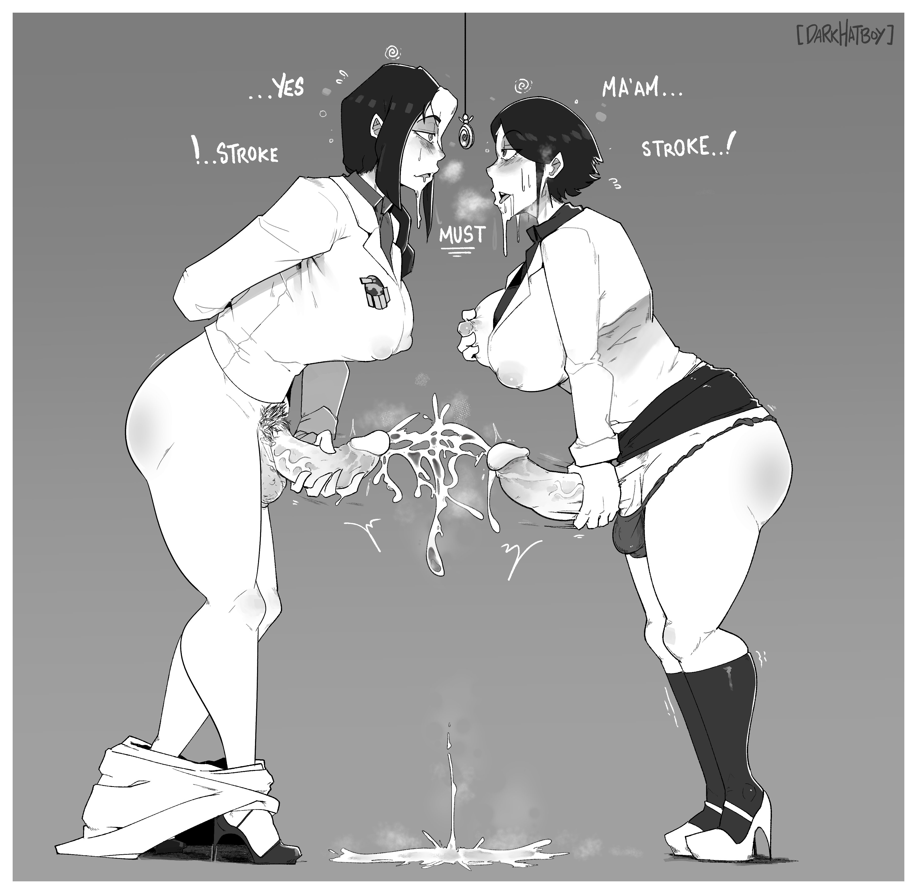 2021, 2d, 2futas, absurd res, ass, balls, balls in panties, black hair, breast grab, breasts, breath, cum, cum on ground, darkhatboy, drooling, duo, ejaculation, english text, erect nipples, erection, futa only, futanari, grabbing own breast, grey background, hi res, high heels, hypnosis, hypnotic eyes, masturbation, monochrome, mutual masturbation, nipple bulge, open mouth, orgasm, pants down, pubic hair, saliva, side view, simple background, text
