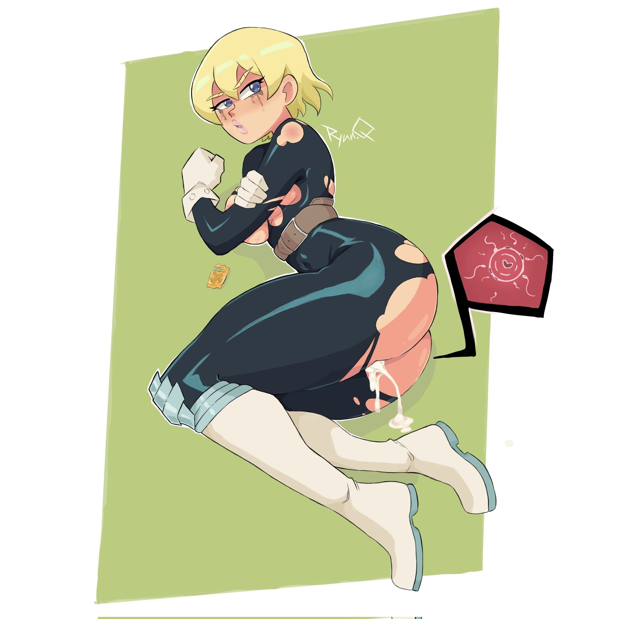 1girls, after sex, angelquartz (artist), blonde hair, blue eyes, charlotte bony, charlotte bony (dr.stone), creampie, cum, cum drip, cum in pussy, cum inside, dr.stone, female, fertilization, functionally nude, pussy, ripped clothing, ruined makeup, solo, solo female, tagme, torn bodysuit, torn clothes, white skin