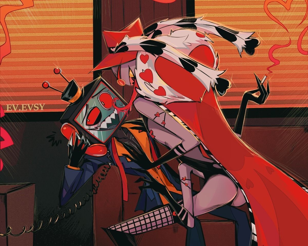 blue jacket, ev.evsy, fishnet legwear, fishnets, grey skin, hazbin, hazbin hotel, heart, heart symbol, imminent sex, landline, landline phone, male, moth, no pupils, no sex (yet), orange jacket, phone, red cape, red eyes, tagme, top hat, tophat, tv head, valentino (hazbin hotel), vivienne medrano, vivziepop, vox (hazbin hotel)