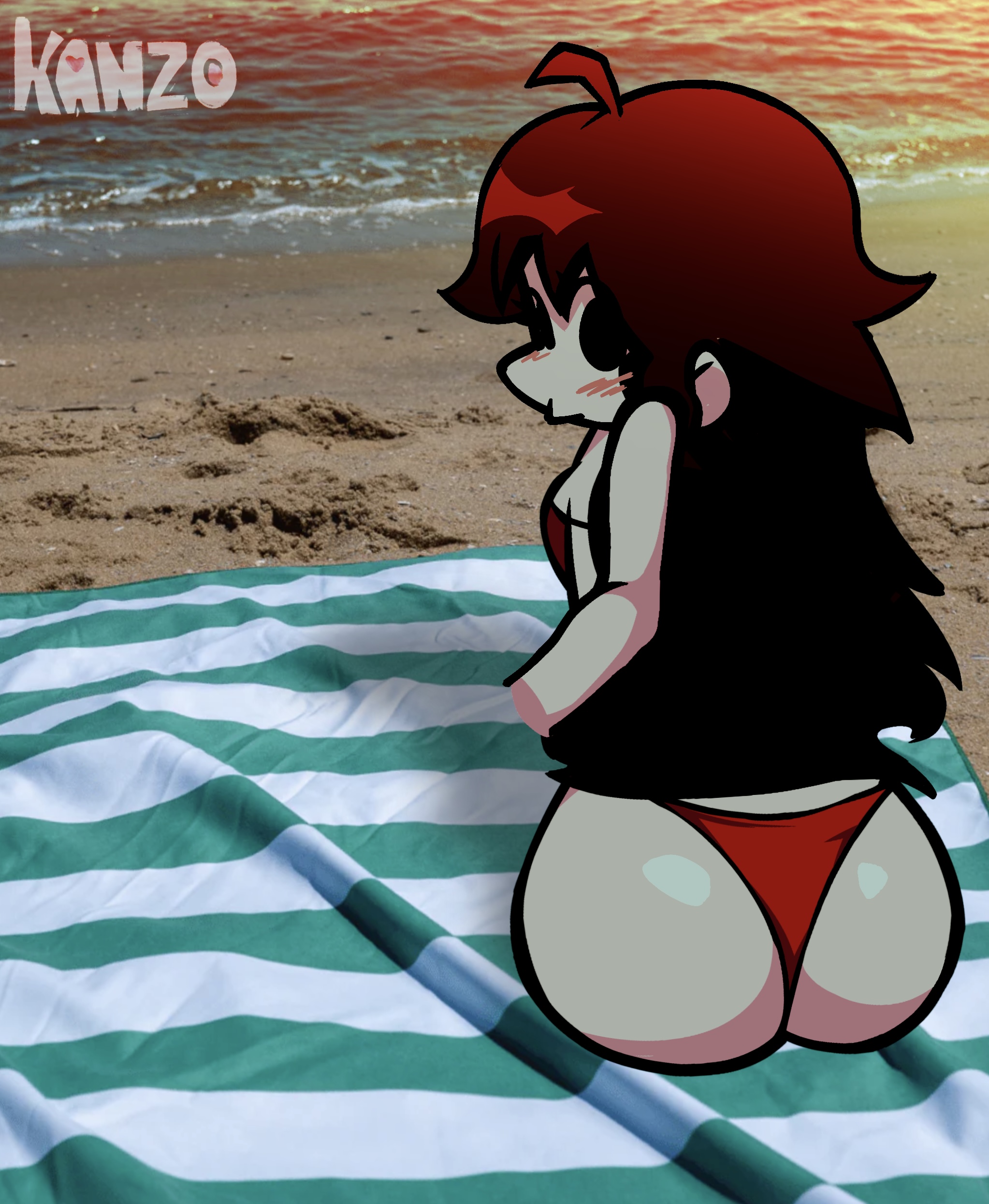 ass, auburn hair, beach, bikini, friday night funkin, girlfriend (friday night funkin), kanzo (artist), unfinished, wip