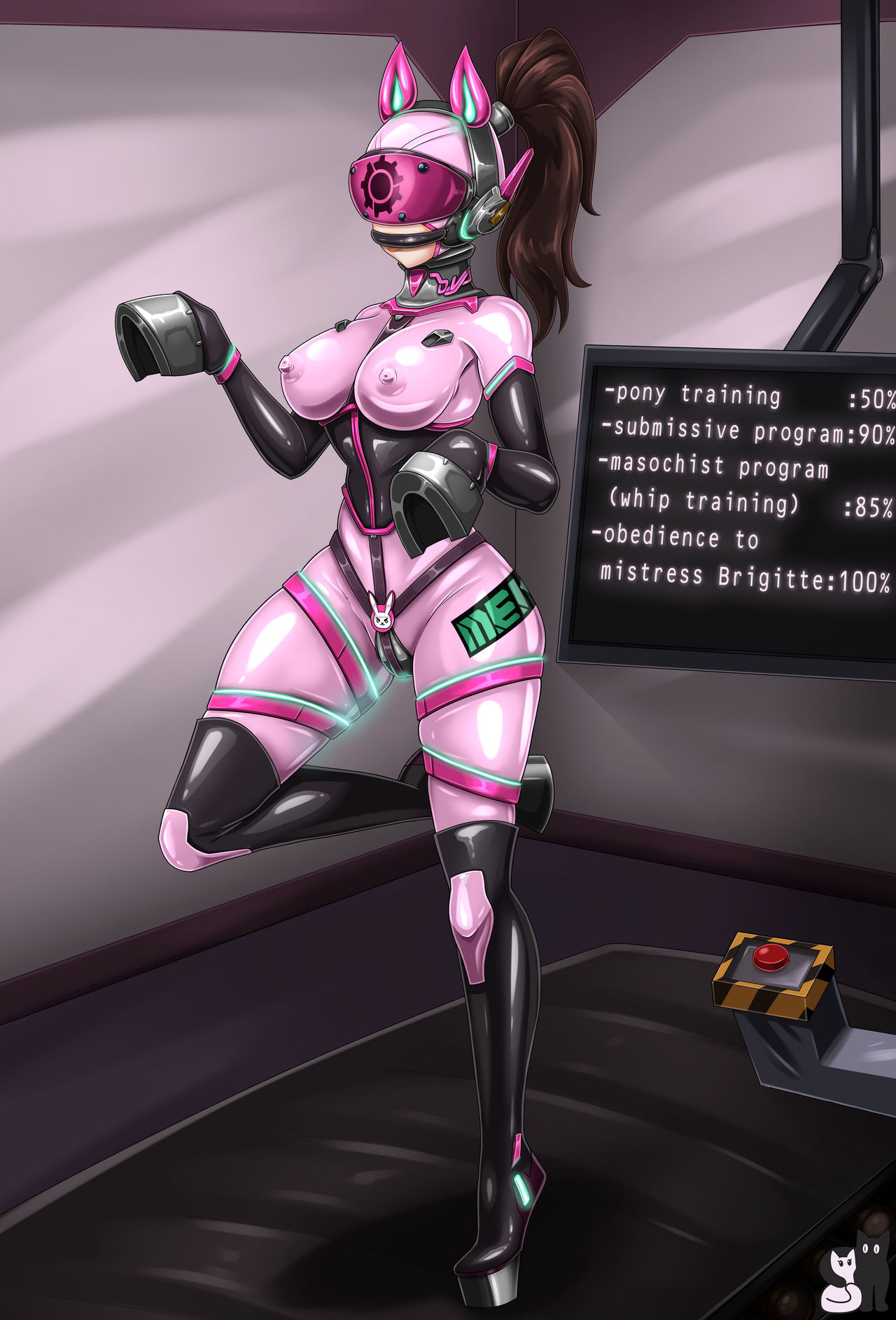 2d, 2d (artwork), bdsm gear, bdsm outfit, bit gag, black corset, bodysuit, bondage, bondage gear, bondage outfit, bound, brown hair, chastity belt, chastity device, collar, d.va, english text, fake animal ears, female, female chastity, female focus, female only, femsub, gag, gagged, gagged female, headphones, headset, heel-less heels, high heels, human, latex, latex bodysuit, metal collar, overwatch, padded room, petplay, pony boots, pony girl, ponygirl, ponyplay, ponytail, posture collar, rosvo, screen, shiny clothes, slave, standing on one leg, text, tight clothing, visor