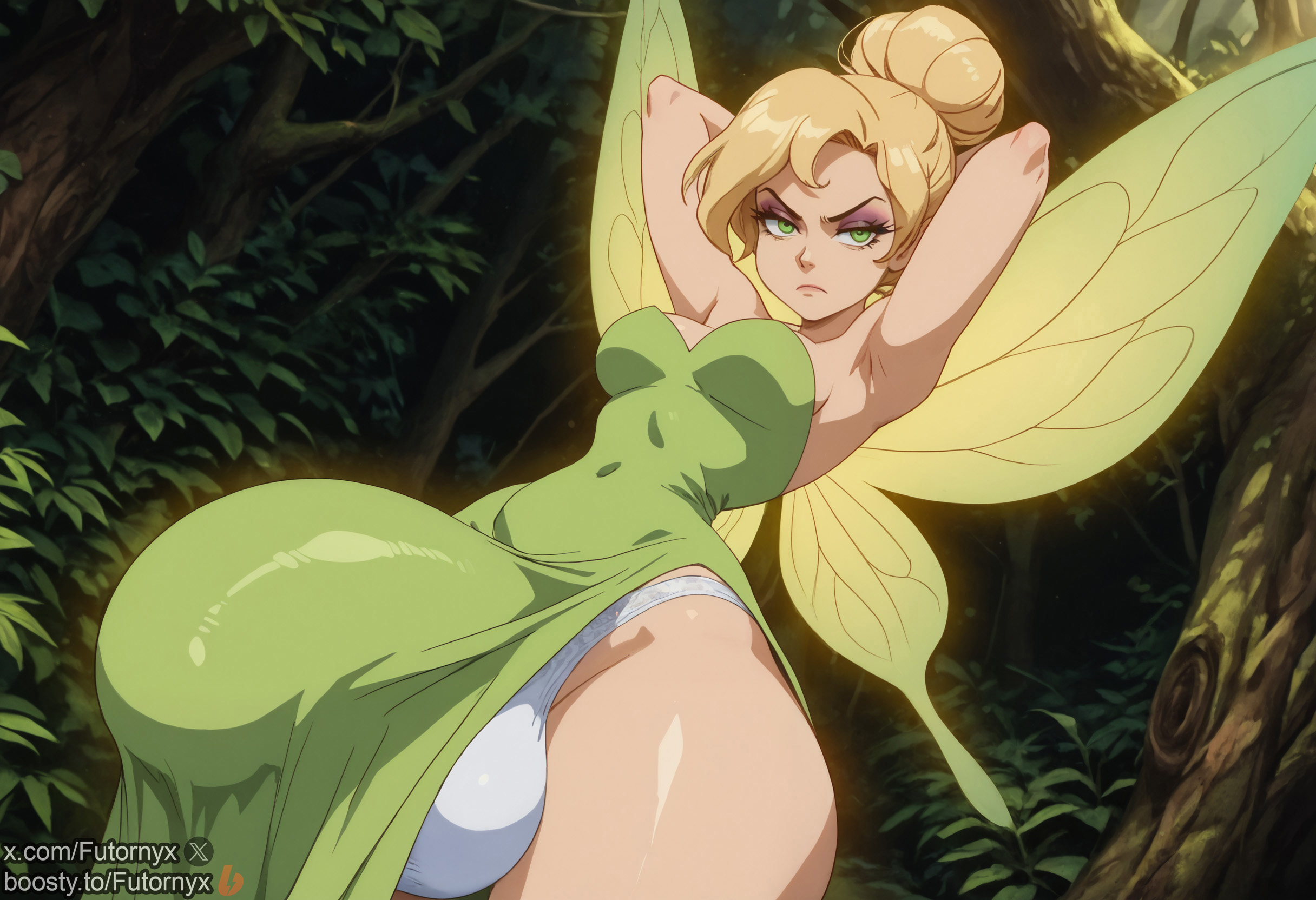 1futa, ai generated, armpits, balls, blonde hair, boosty, boosty username, breasts, bulge, dickgirl, fairy, fairy wings, futanari, futornyx, green eyes, huge balls, intersex, large balls, large testicles, makeup, medium breasts, panties, solo, testicles, thick thighs, tinker bell, twitter username, white panties, wide hips, wings