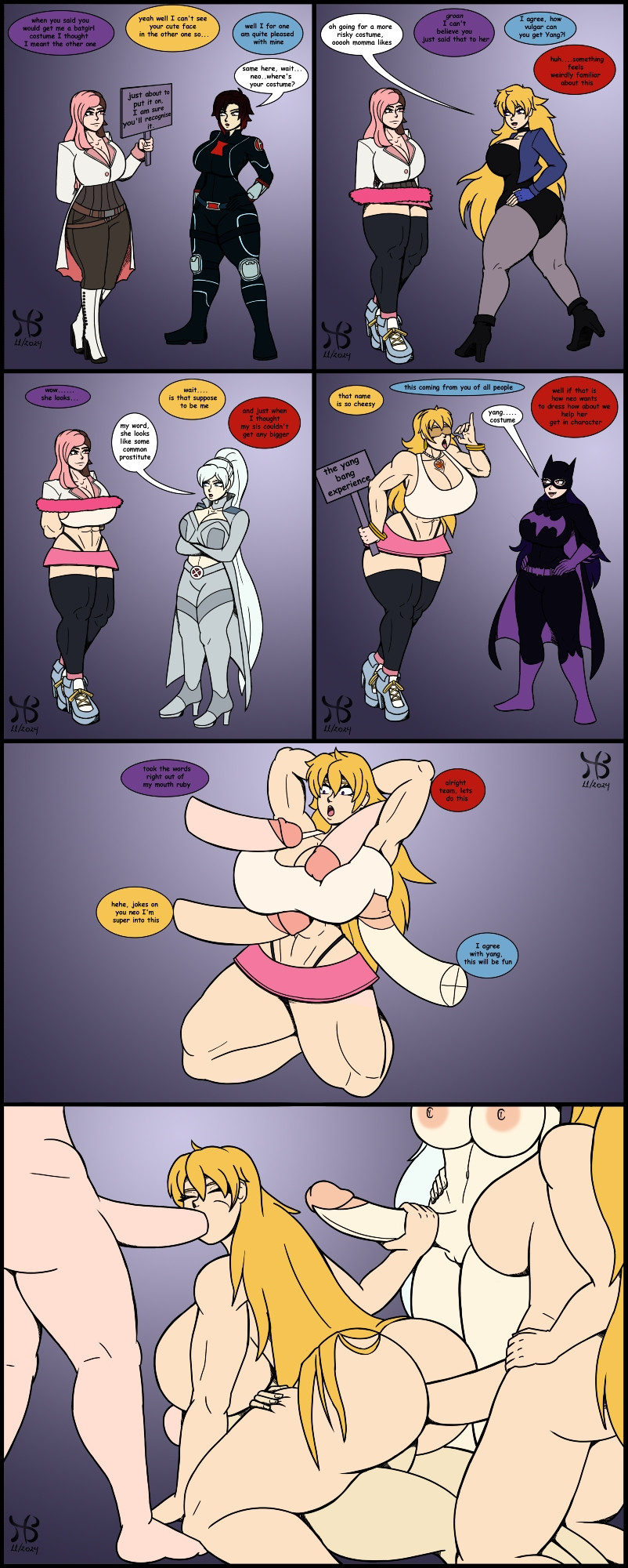 1girls, 4futas, anal, ass, ass bigger than head, avengers, batgirl (cosplay), batman (series), big ass, big breasts, big penis, bimbo, black canary (cosplay), black hair, black leotard, black widow (cosplay), blake belladonna, blonde hair, breasts, breasts bigger than head, brown eyes, brown hair, commission, commission art, commissioner upload, cosplay, costume, dc, dc comics, double penetration, emma frost (cosplay), fellatio, female, futa on female, futanari, heterochromia, hiastobasement (artist), huge ass, huge breasts, huge cock, intersex, large ass, large breasts, large penis, leotard, long hair, lottaslove358, lowres, marvel, marvel comics, multicolored hair, multiple futa, neo (rwby), penis, pink eyes, pink hair, ruby rose, rwby, sex, transformation, transformation sequence, weiss schnee, white hair, x-men, yang xiao long