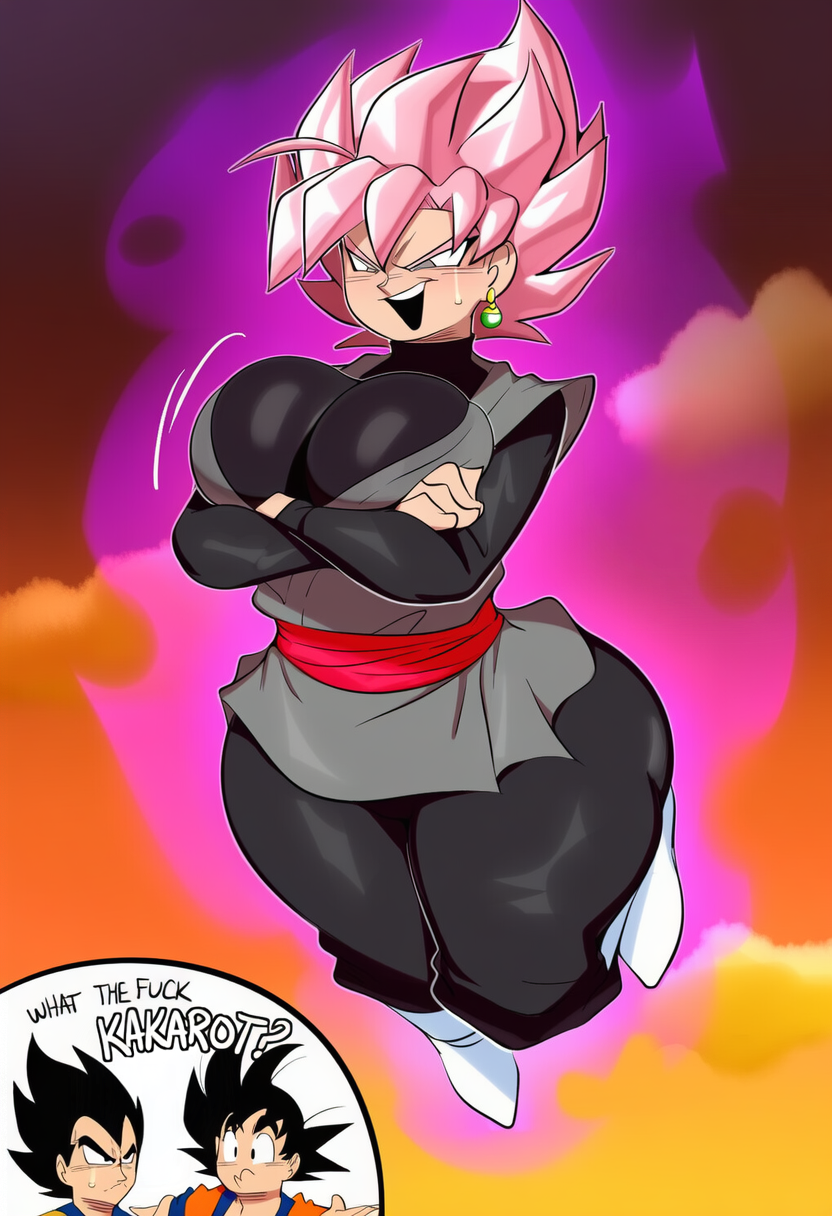 ai_generated anthro big_breasts black_hair bodily_fluids breasts clothed clothing crossed_arms dialogue dragon_ball dragon_ball_super dragon_ball_z english_text female genderswap goku goku_black group hedgehog hellsonger hi_res human male mammal pink_hair rule_63 smile son_goku sweat sweatdrop text trio vegeta