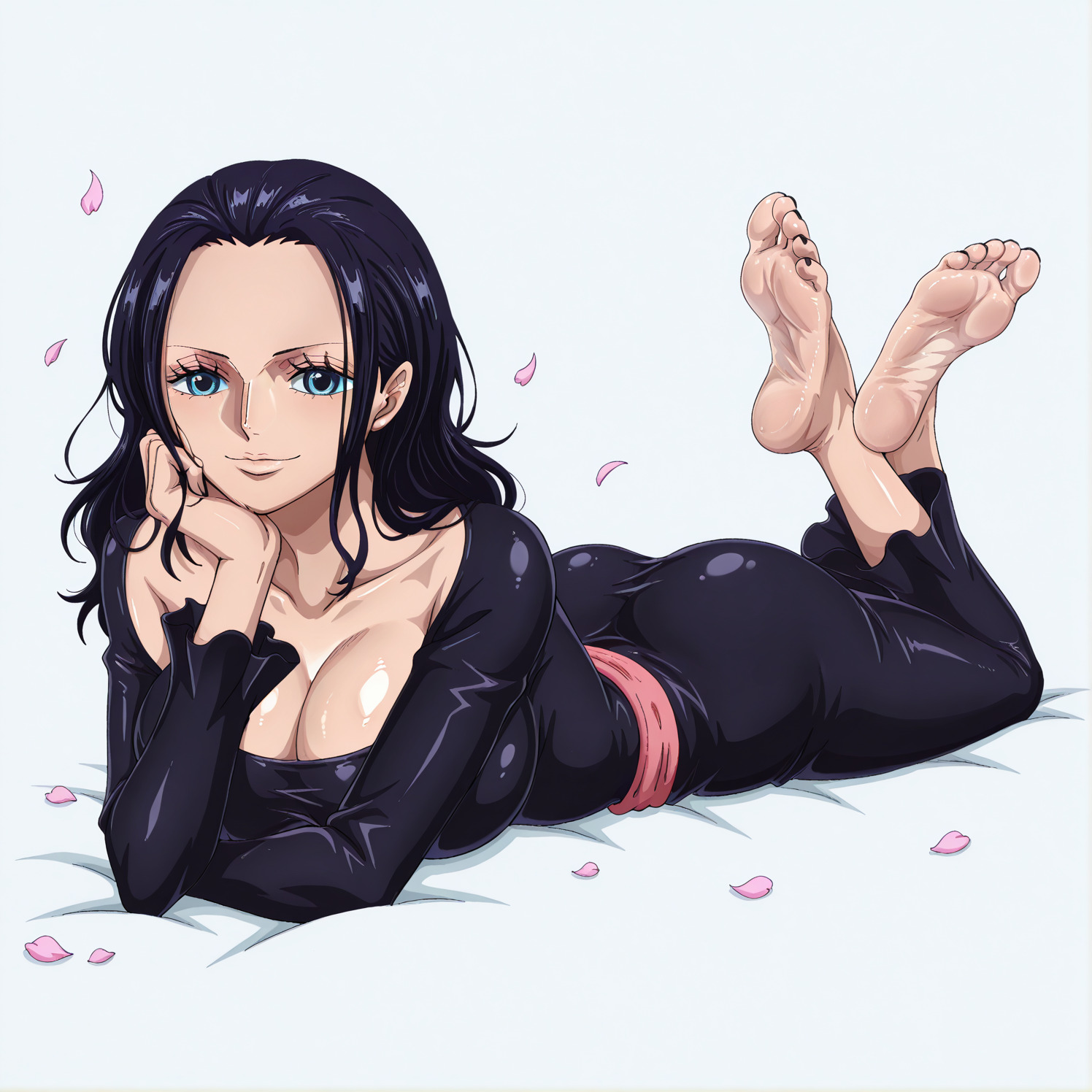 1girls, ai generated, black hair, black nails, black-haired female, blush, breasts, ca1nhurst, clothing, feet, female, female only, foot fetish, large breasts, lying, nail polish, nico robin, one piece, smirk, soles, toenail polish, toes, wide hips