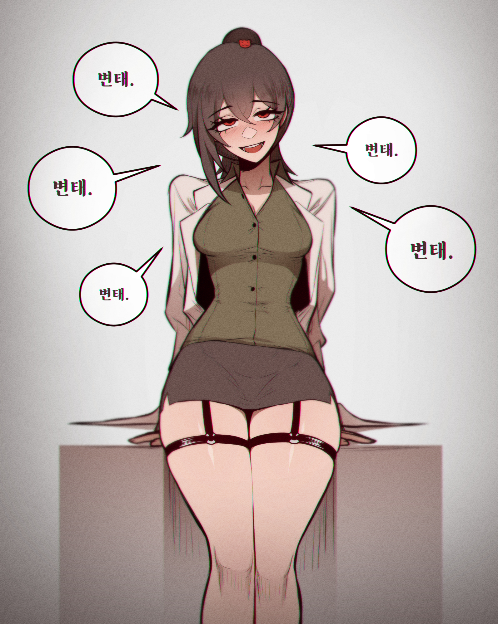 black hair, black thigh strap, carmen (lobotomy corporation), dialogue box, female, green shirt, labcoat, library of ruina, limbus company, lobotomy corporation, miniskirt, misg1111, ponytail, project moon, red eyes, seductive, seductive body, seductive eyes, seductive gaze, seductive look, seductive mouth, seductive pose, seductive smile, short skirt, skirt, thigh focus, thigh strap, thighs, thighs together, translation request